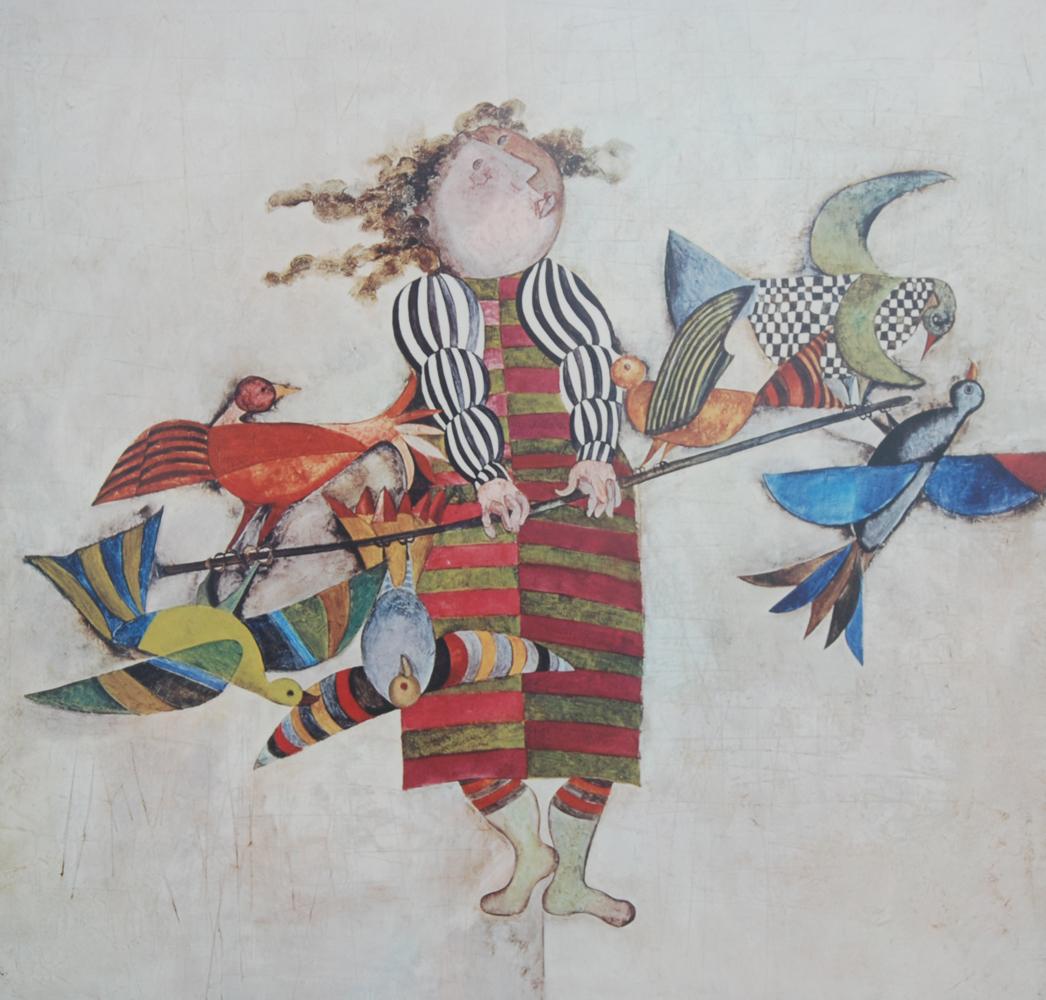 Graciela Rodo Boulanger 
(Bolivianer 1935-)

Der Vogelverkäufer
Offsetlithographie
 Dieser schöne Druck des beliebten Künstlers wurde 1977 in Frankreich gedruckt.