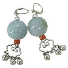 Grade A Burma Jadeite Coral Dangle Earrings with Sterling Silver Charms