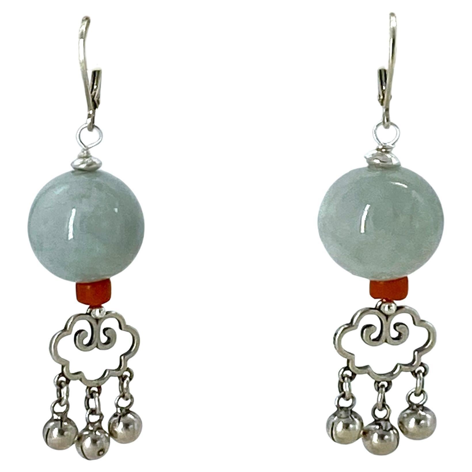 Grade A Burma Jadeite Coral Dangle Earrings with Silver Charms For Sale