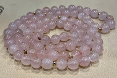 Grade A+ Rose Quartz Crystal Bead Necklace 8.5 mm, With 14 K Gold Beads, Genuine