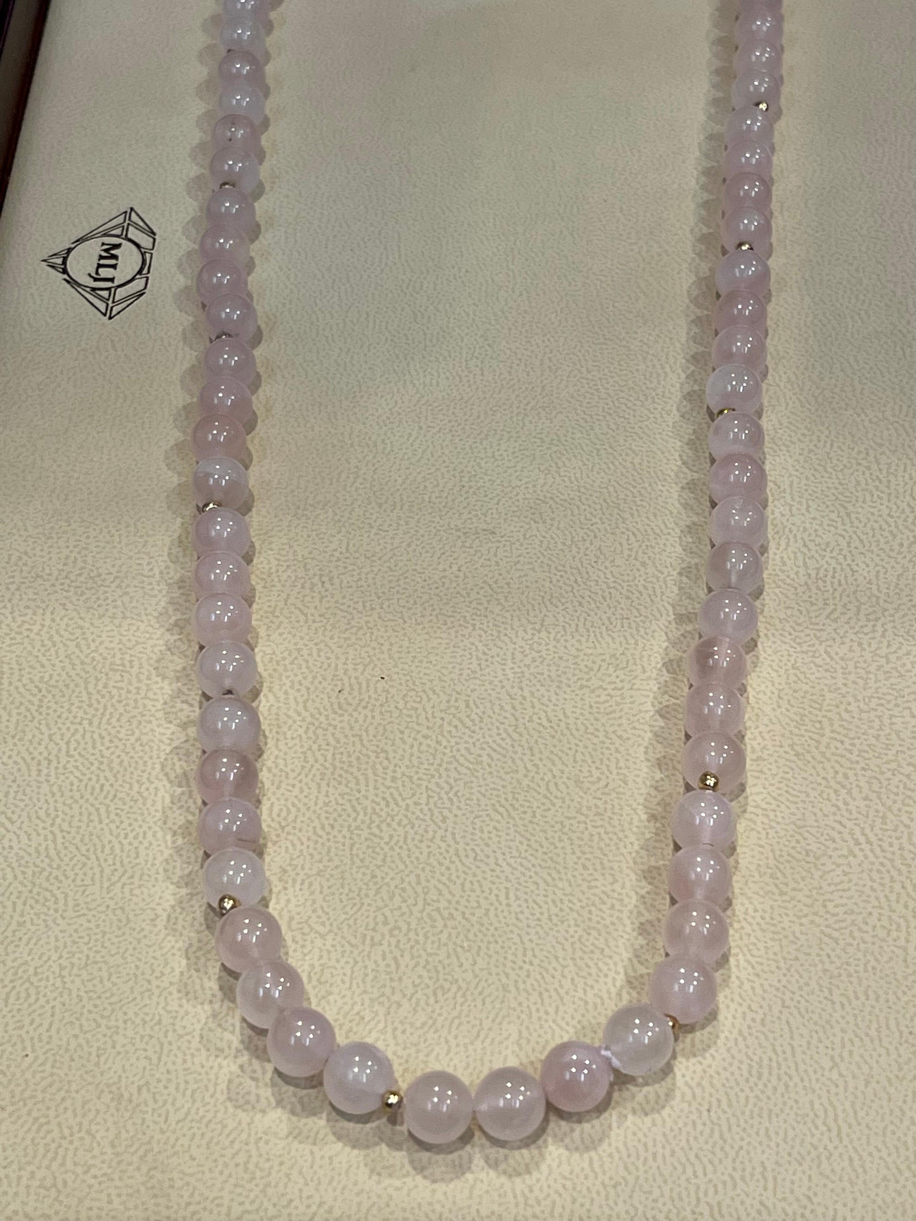 Round Cut Grade A+ Rose Quartz Crystal Bead Necklace 8.5 mm, With 14 K Gold Beads, Genuine For Sale