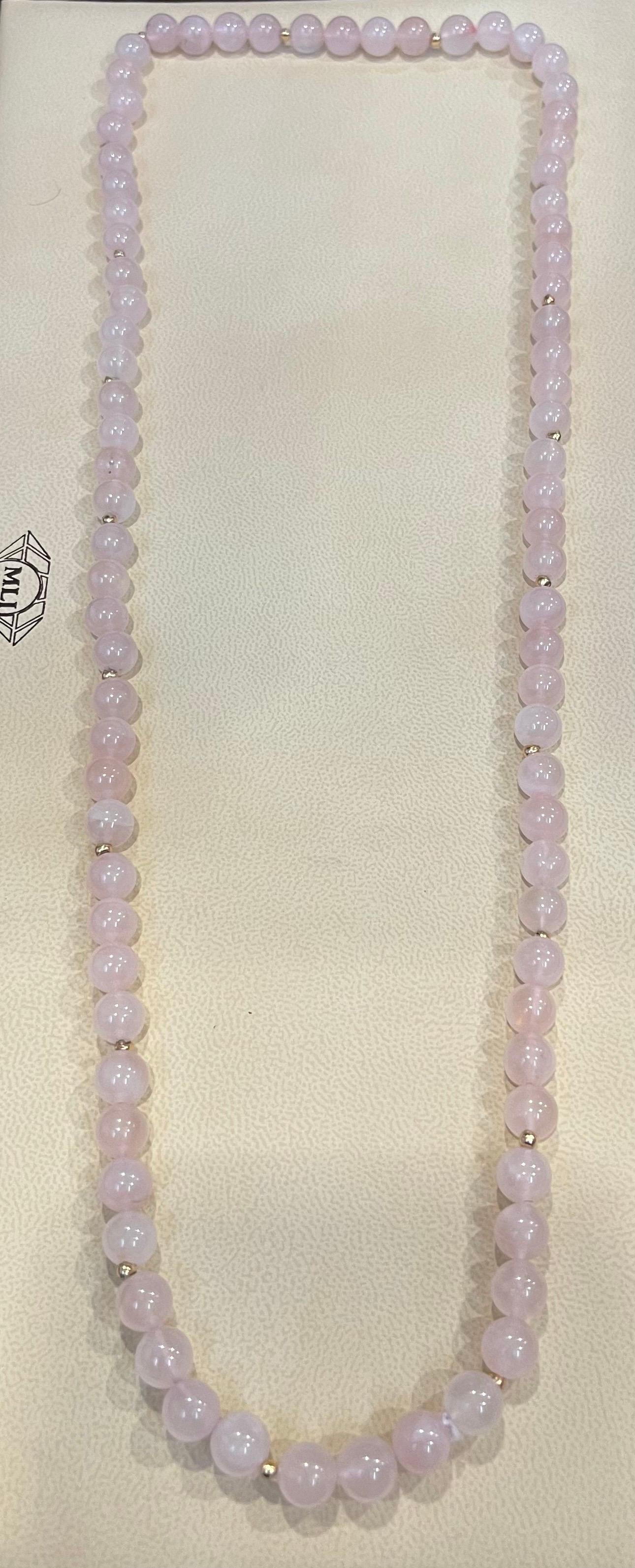 Grade A+ Rose Quartz Crystal Bead Necklace 8.5 mm, With 14 K Gold Beads, Genuine In New Condition For Sale In New York, NY