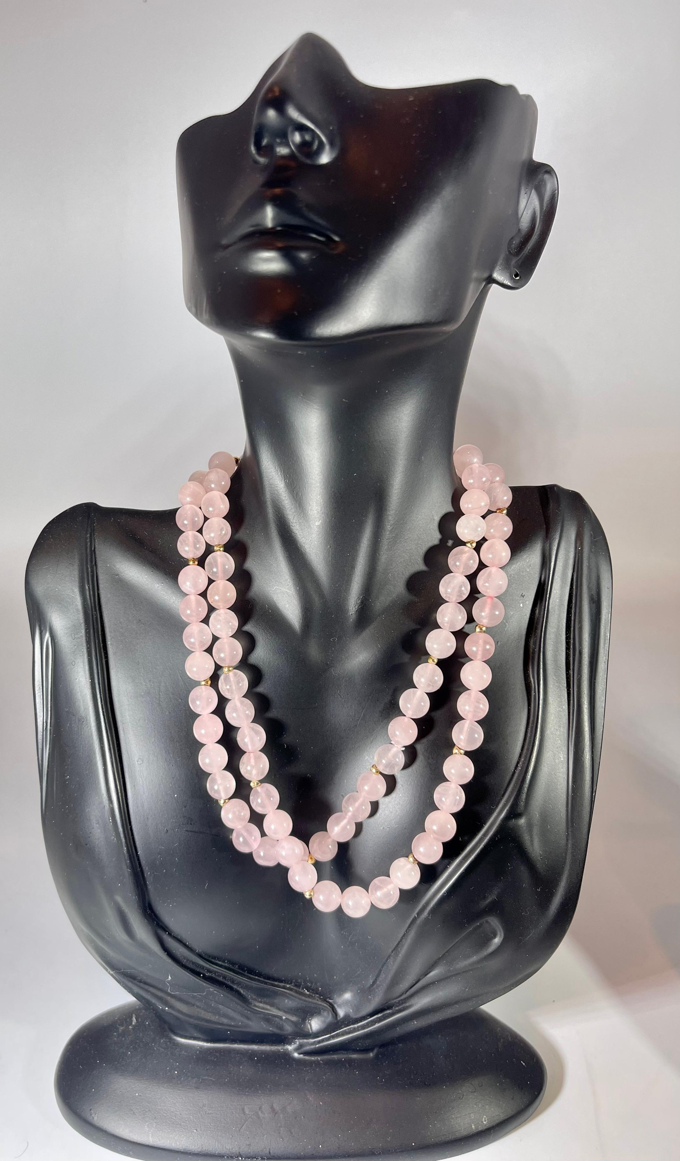 Women's Grade A+ Rose Quartz Crystal Bead Necklace 8.5 mm, With 14 K Gold Beads, Genuine For Sale