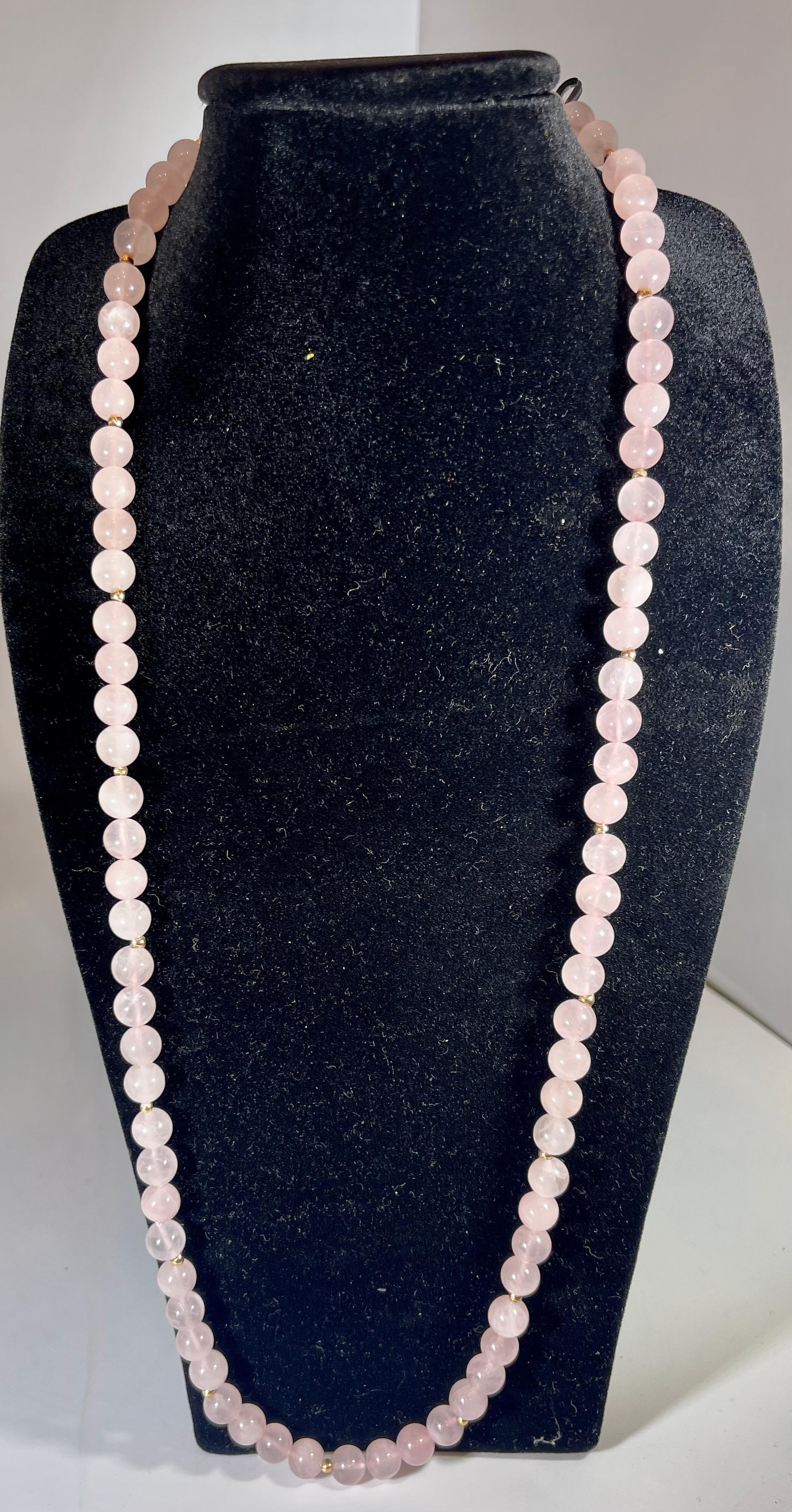 Grade A+ Rose Quartz Crystal Bead Necklace 8.5 mm, With 14 K Gold Beads, Genuine For Sale 1