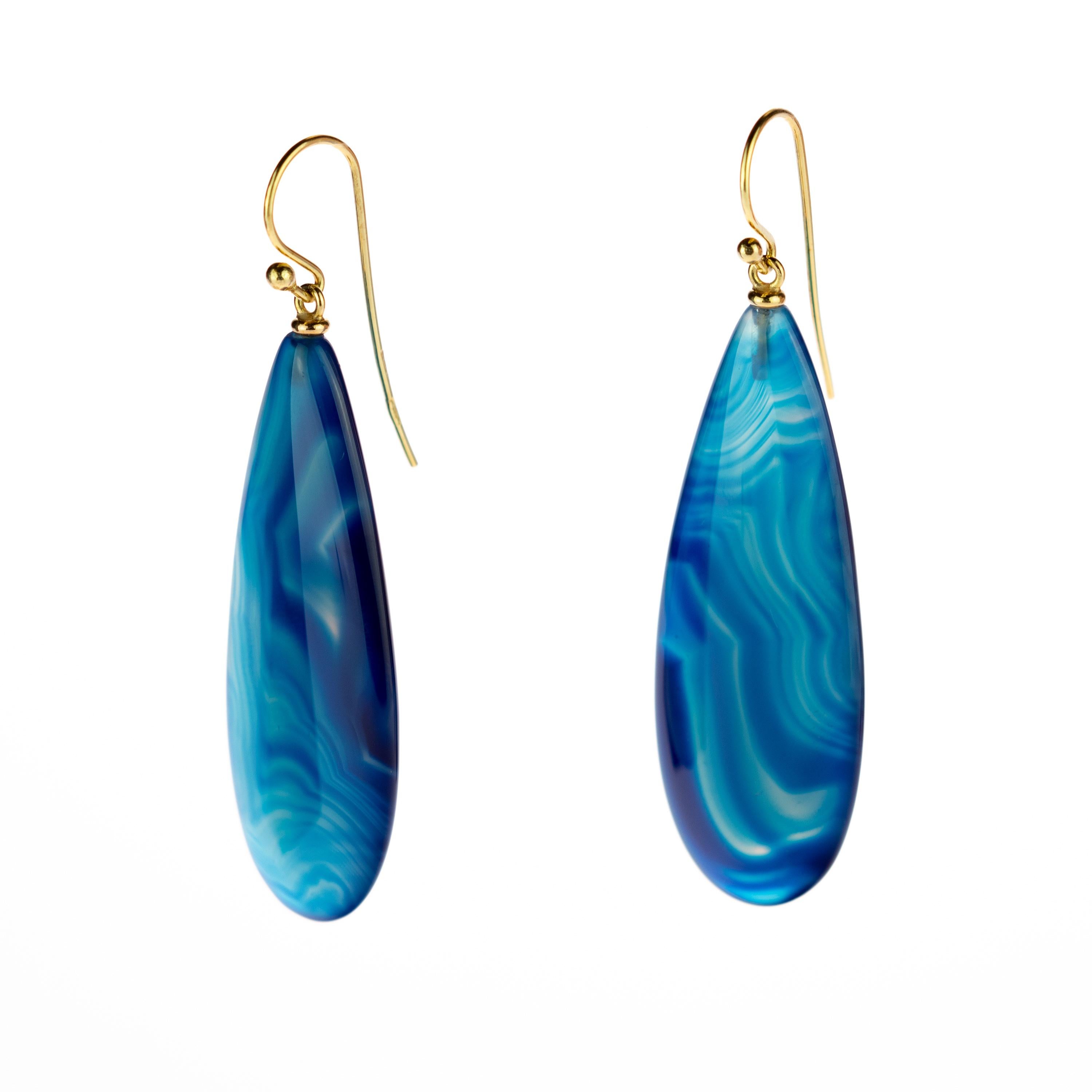 Art Nouveau Gradient Blue Agate 18 Karat Yellow Gold Pear Tear Drop Hook Craft Earrings