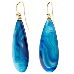 Gradient Blue Agate 18 Karat Yellow Gold Pear Tear Drop Hook Craft Earrings
