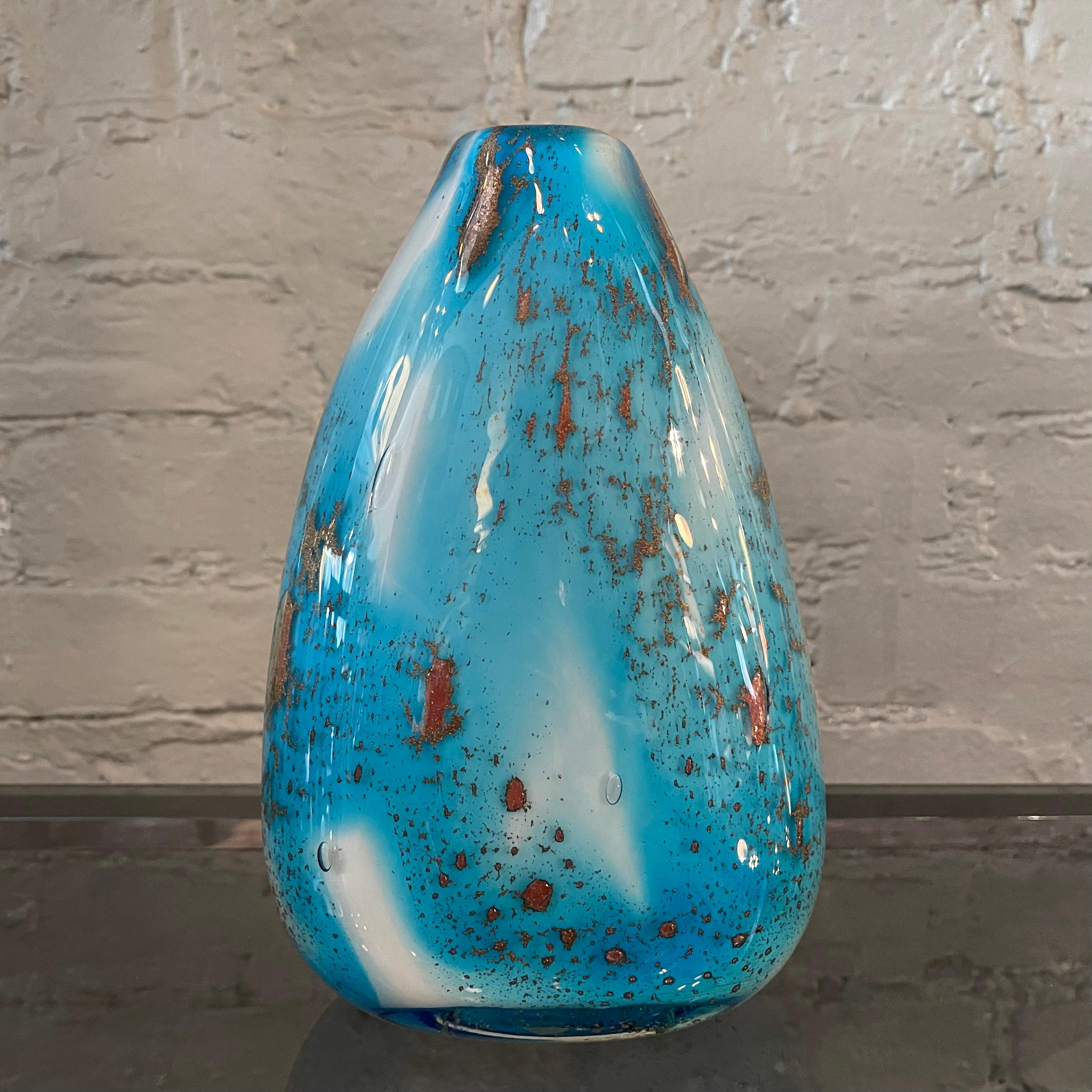 Mid century modern, pear shaped, Murano art glass vase in gradient sky blue and white with gold flecks throughout.