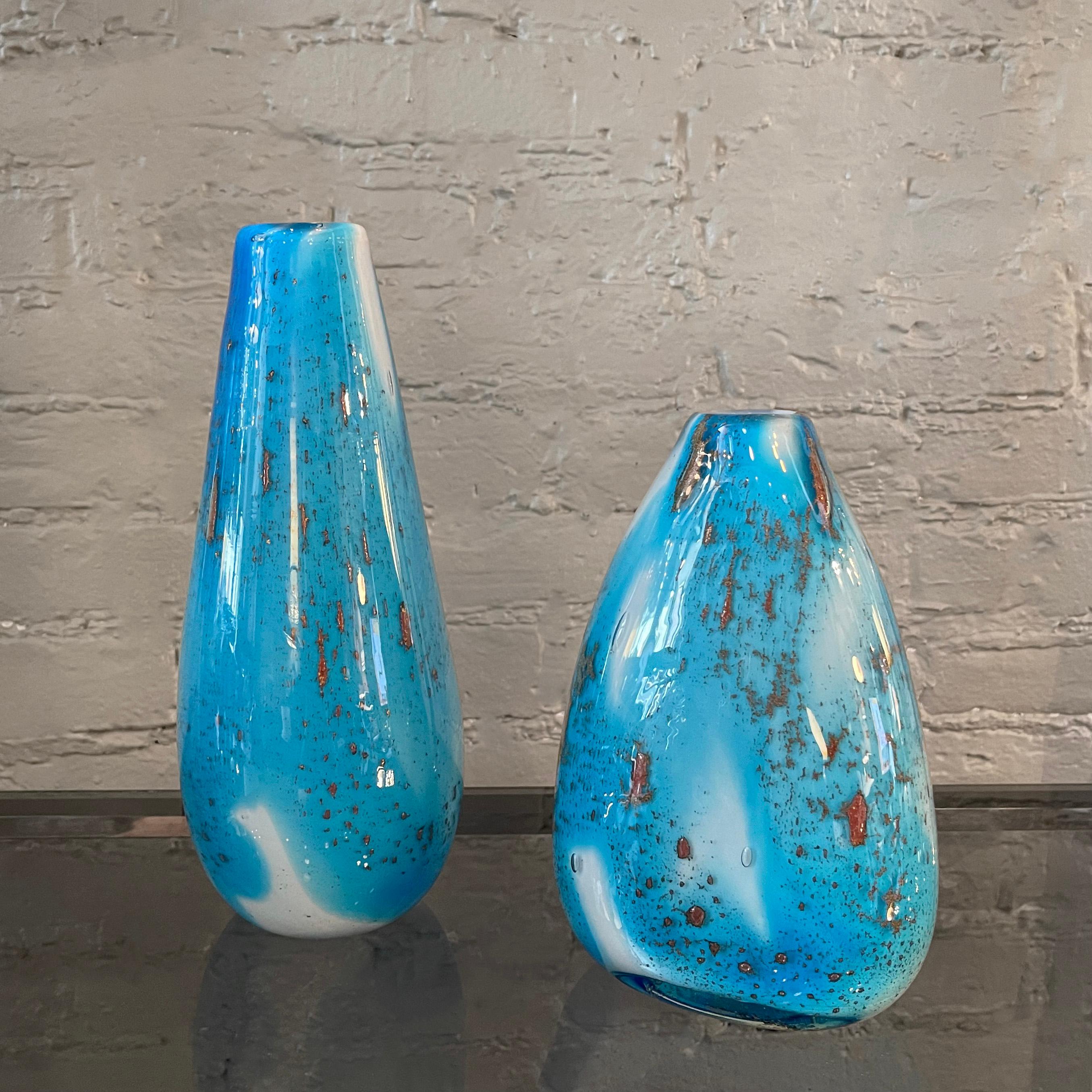 Italian Gradient Blue Gold Fleck Murano Glass Vase, Pear Shape For Sale