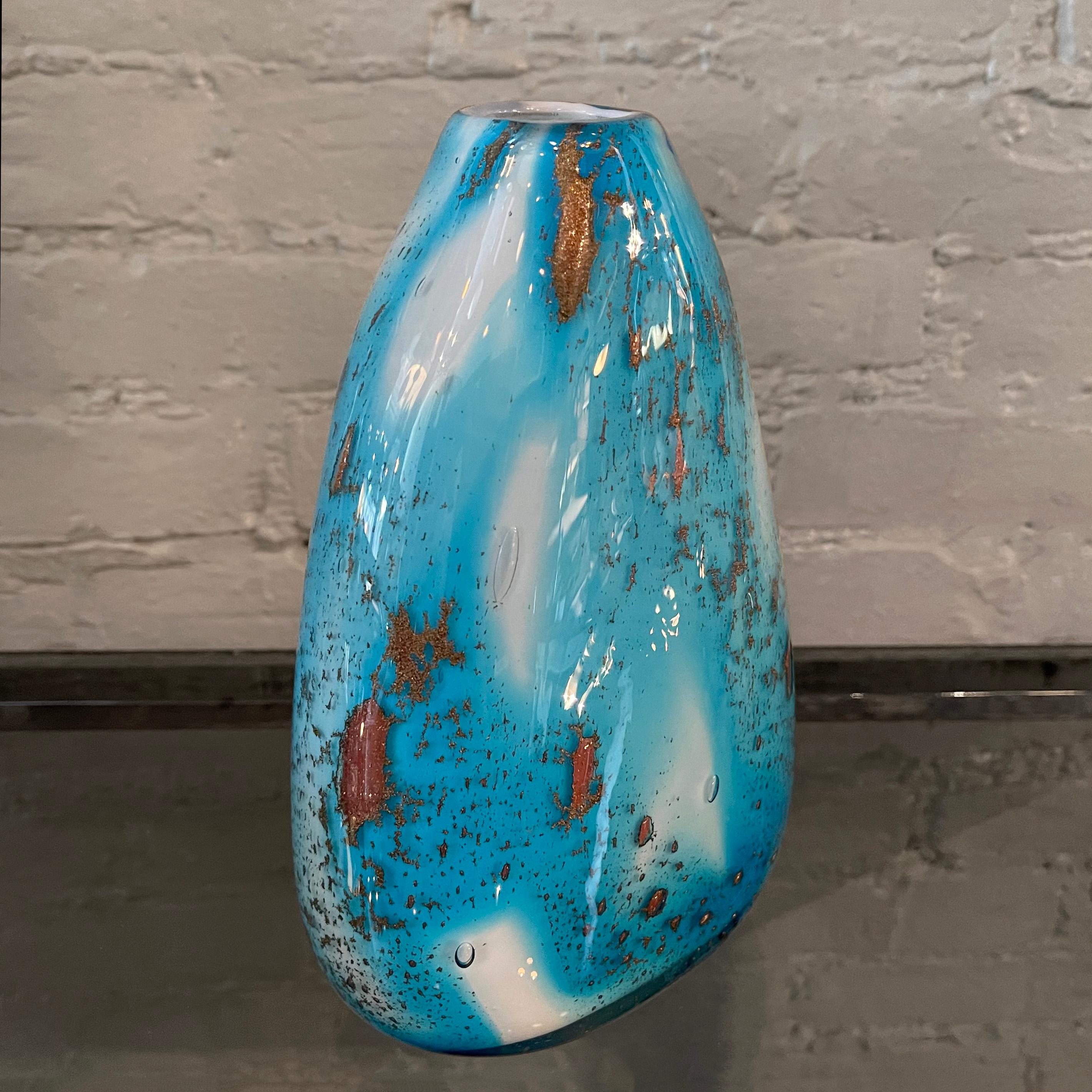 Gradient Blue Gold Fleck Murano Glass Vase, Pear Shape For Sale 1