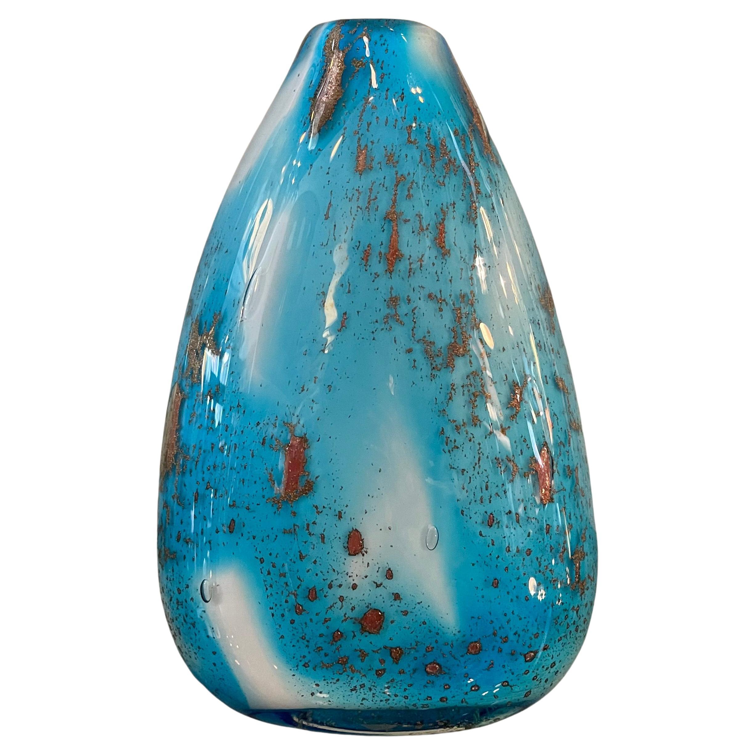 Gradient Blue Gold Fleck Murano Glass Vase, Pear Shape For Sale