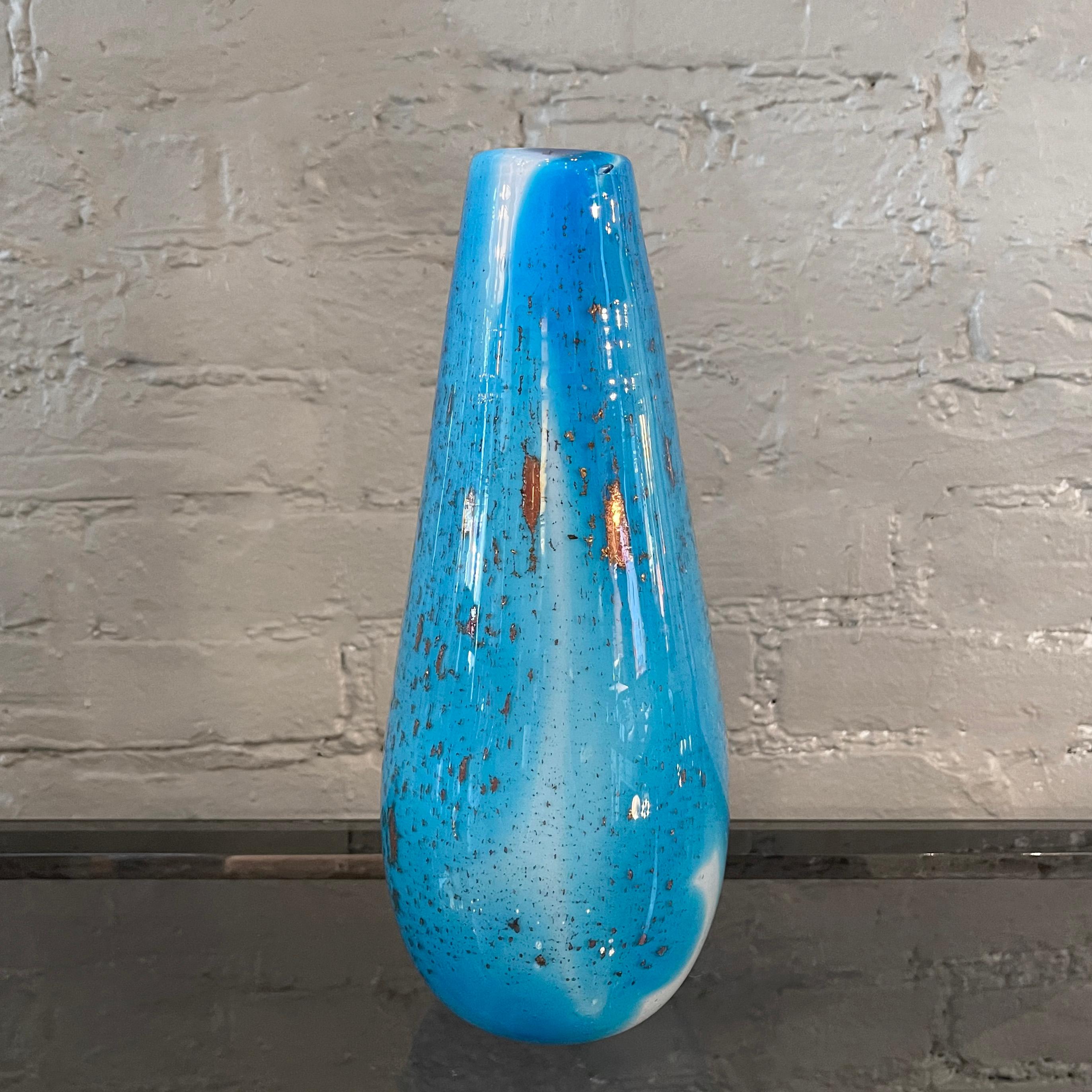 Mid century modern, slender, tear drop shaped, Murano art glass vase in gradient sky blue and white with gold flecks throughout.