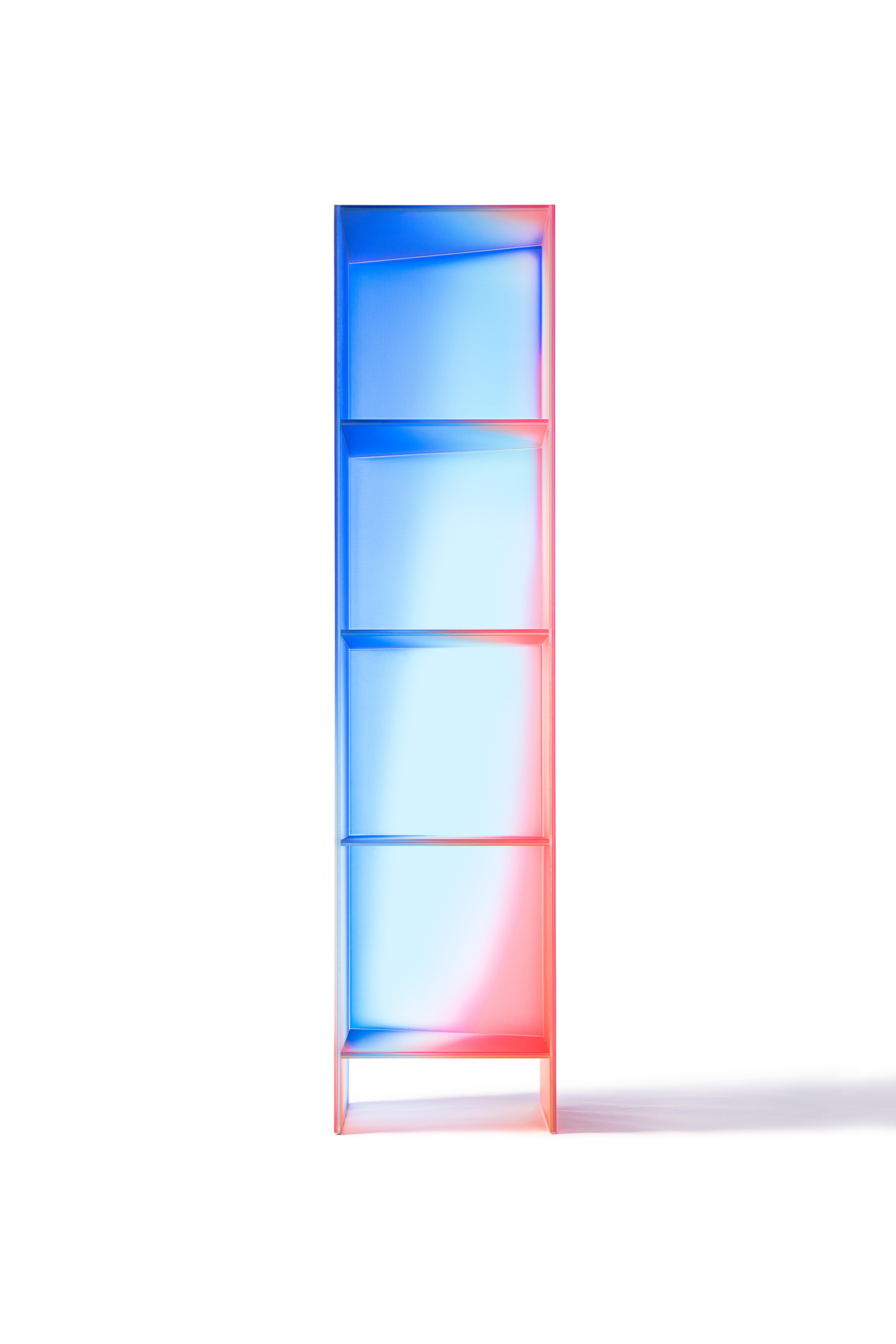 'HALO' collection by Buzao - bookcase or shelves
Laminated dichroic glass, gradient colors
Measures: 42 x 40 x H 180 cm

Studio Buzao from Guangzhou (China) is exploring innovation with furniture and lighting design. From marble to lava stone,