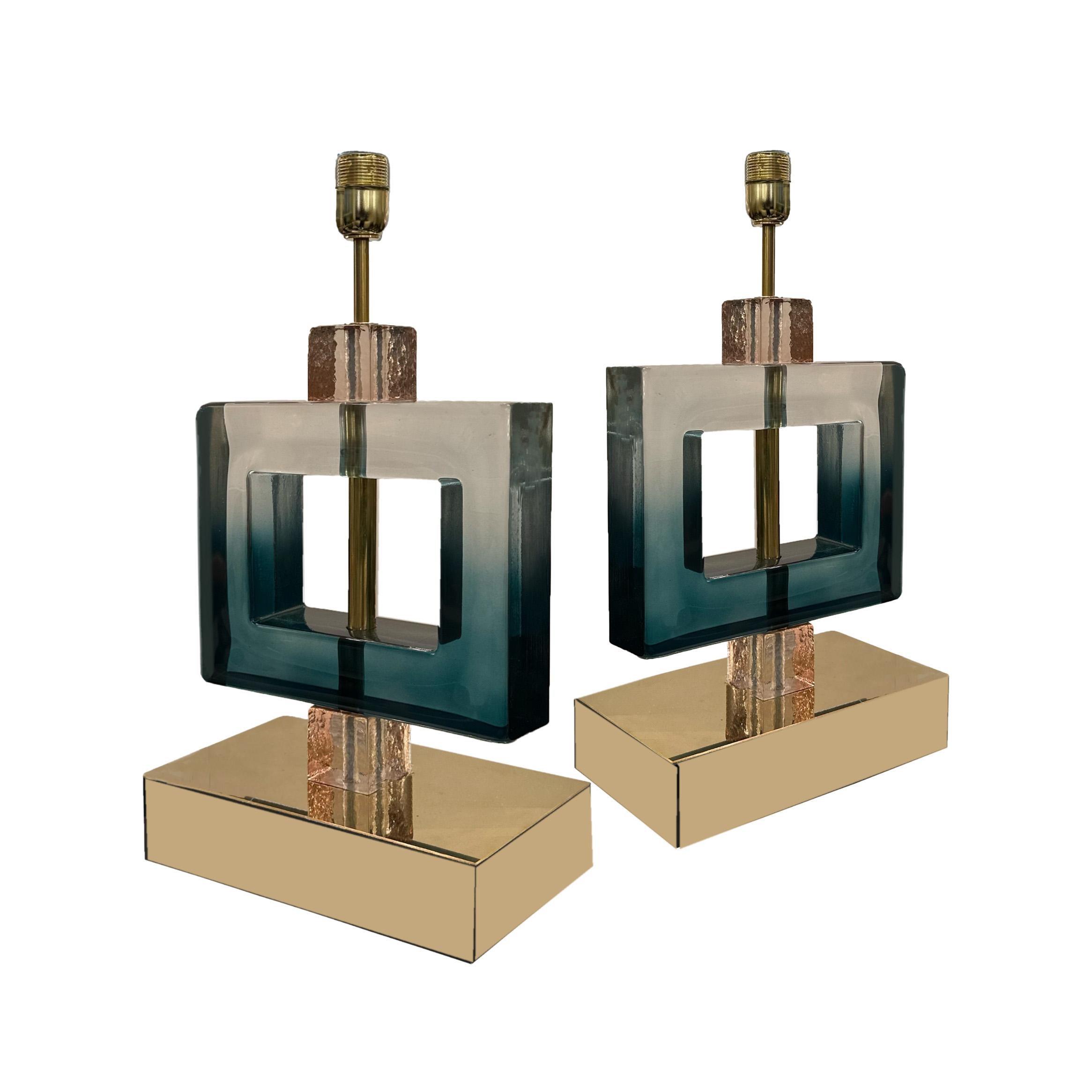 Italian Gradient Murano Glass Square Table Lamps                               u For Sale