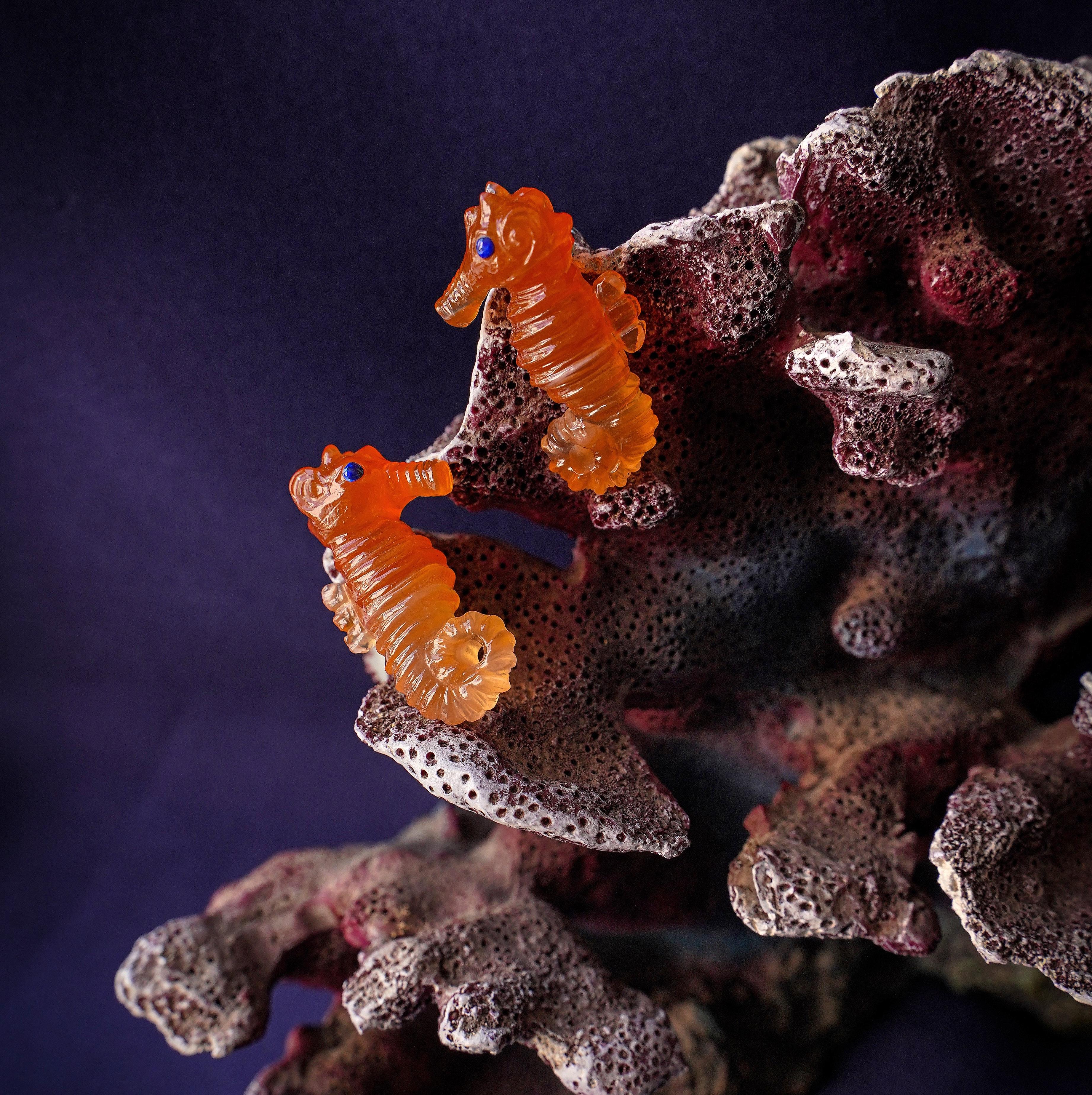 Gradient Orange Natural Carnelian Sea Horse Carving Earrings Pair In New Condition For Sale In Jaipur, Rajasthan