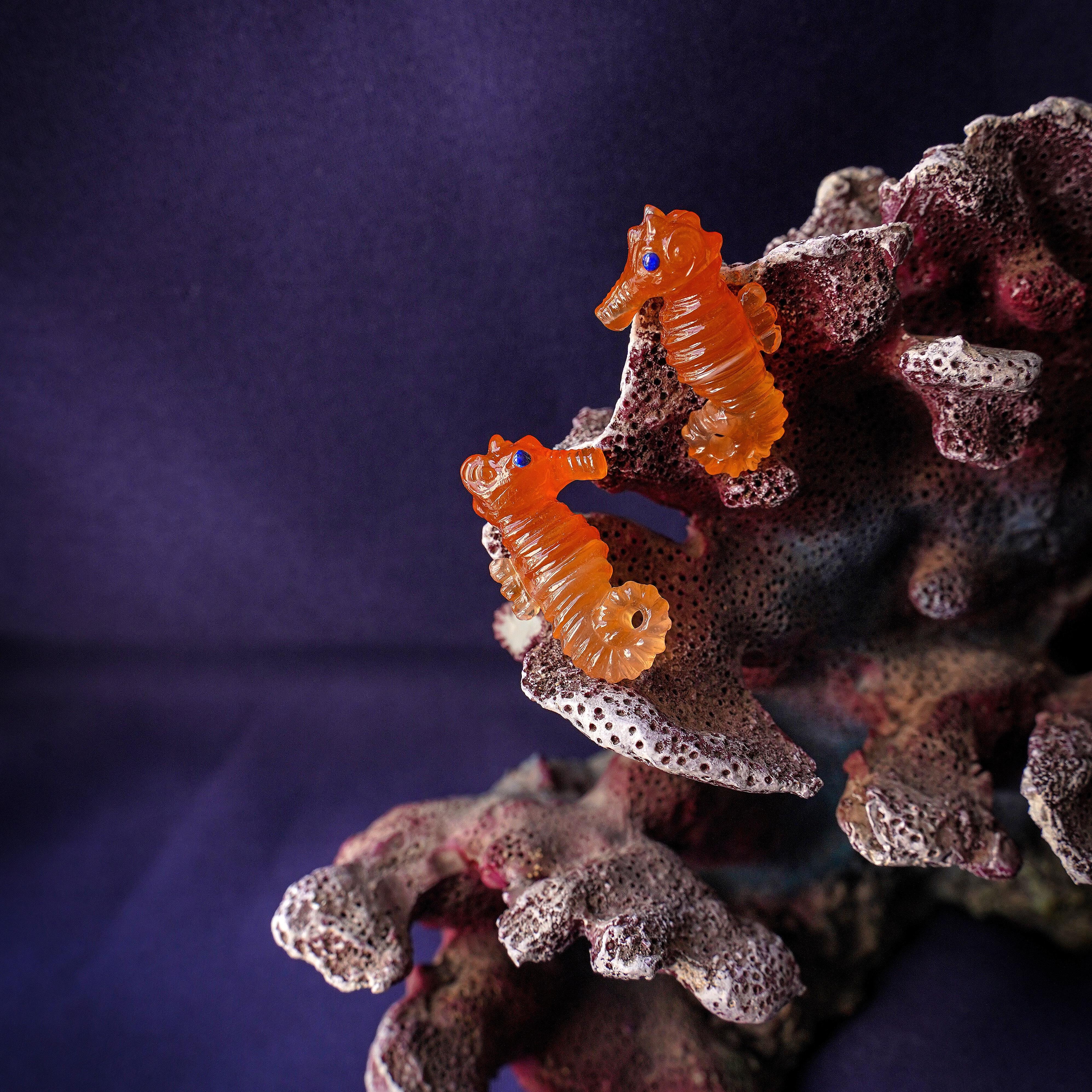 Women's or Men's Gradient Orange Natural Carnelian Sea Horse Carving Earrings Pair For Sale