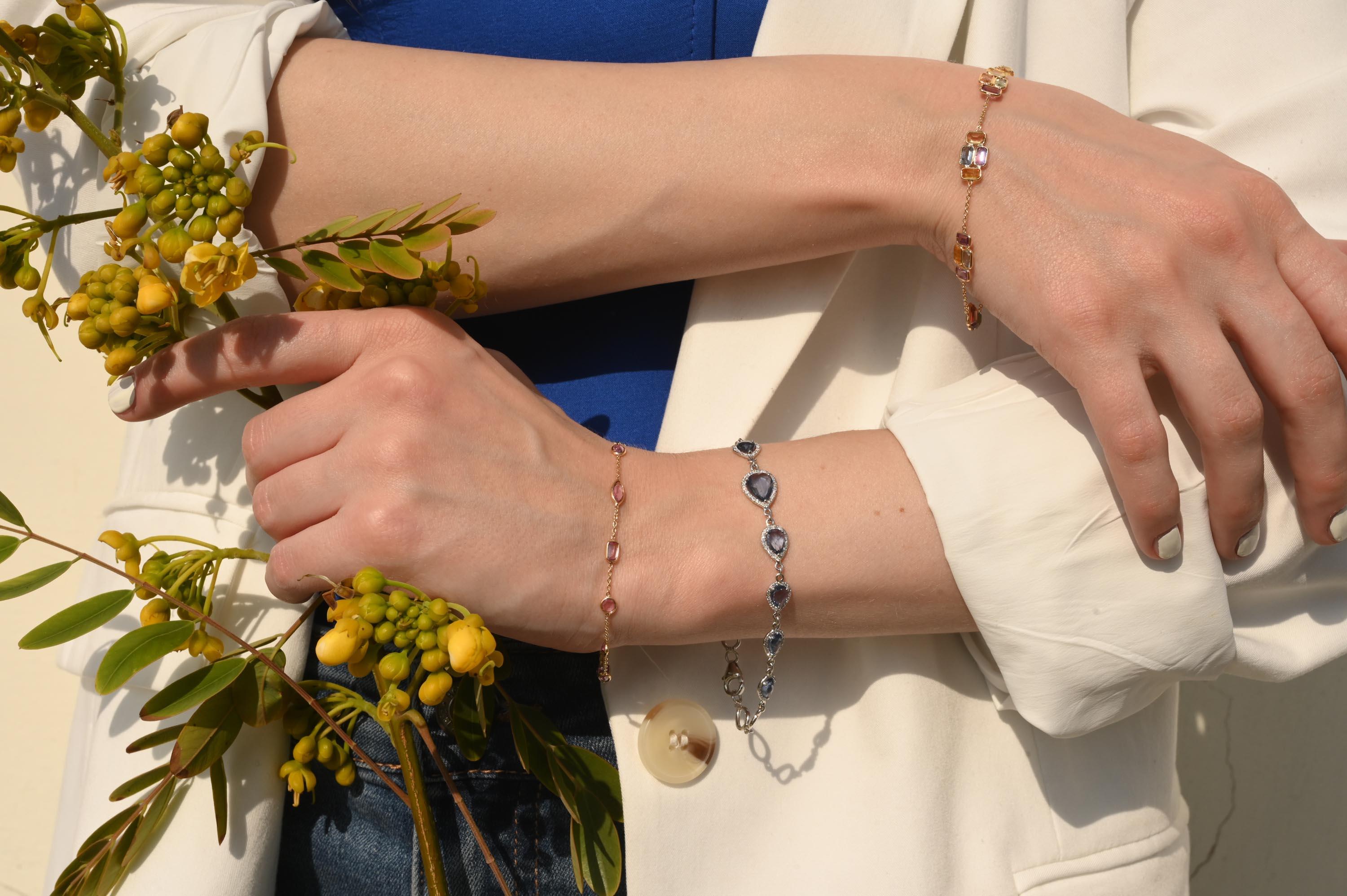 Bracciale con zaffiri taglio pera e diamanti a raggiera in oro bianco 14 carati in vendita 4