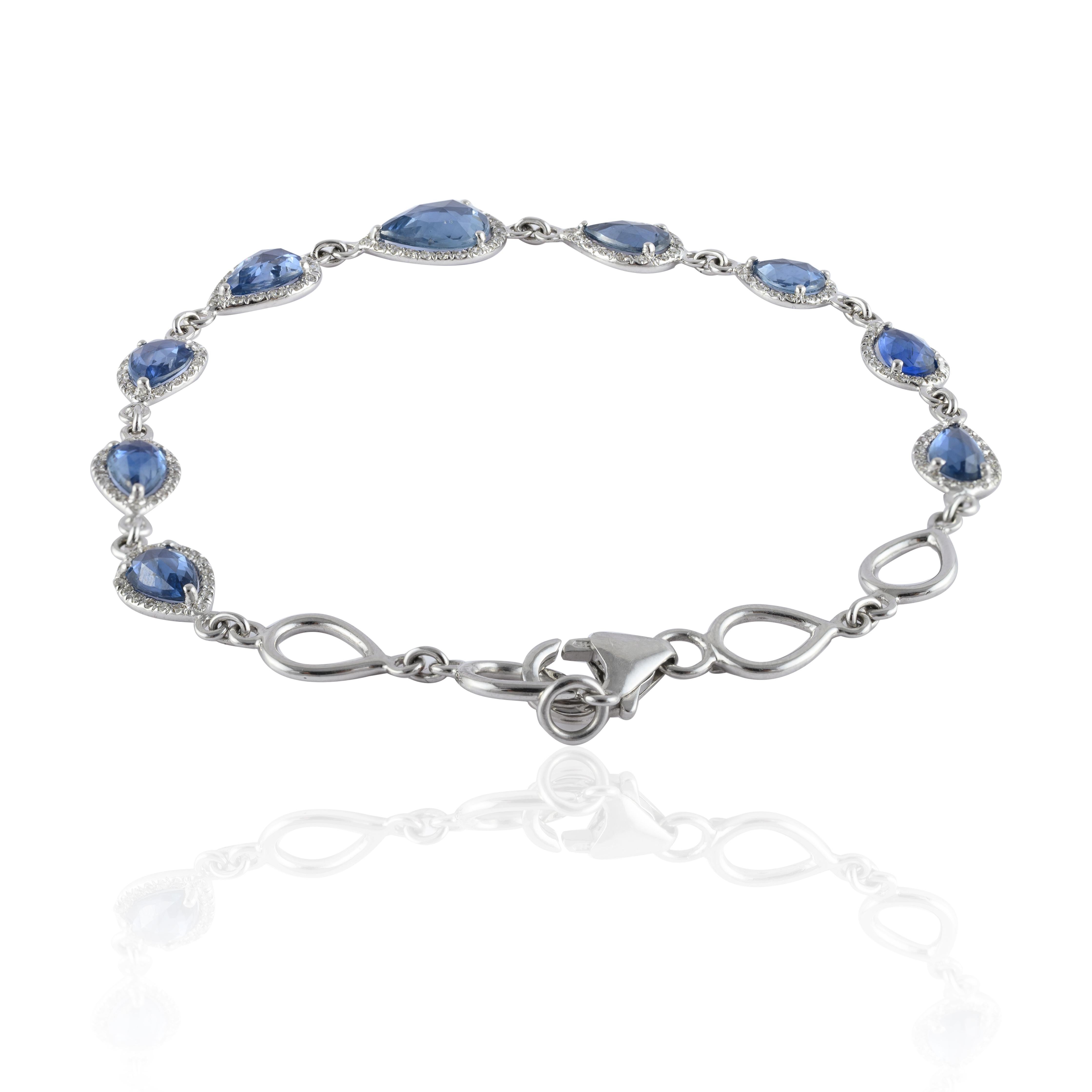 Moderno Bracciale con zaffiri taglio pera e diamanti a raggiera in oro bianco 14 carati in vendita