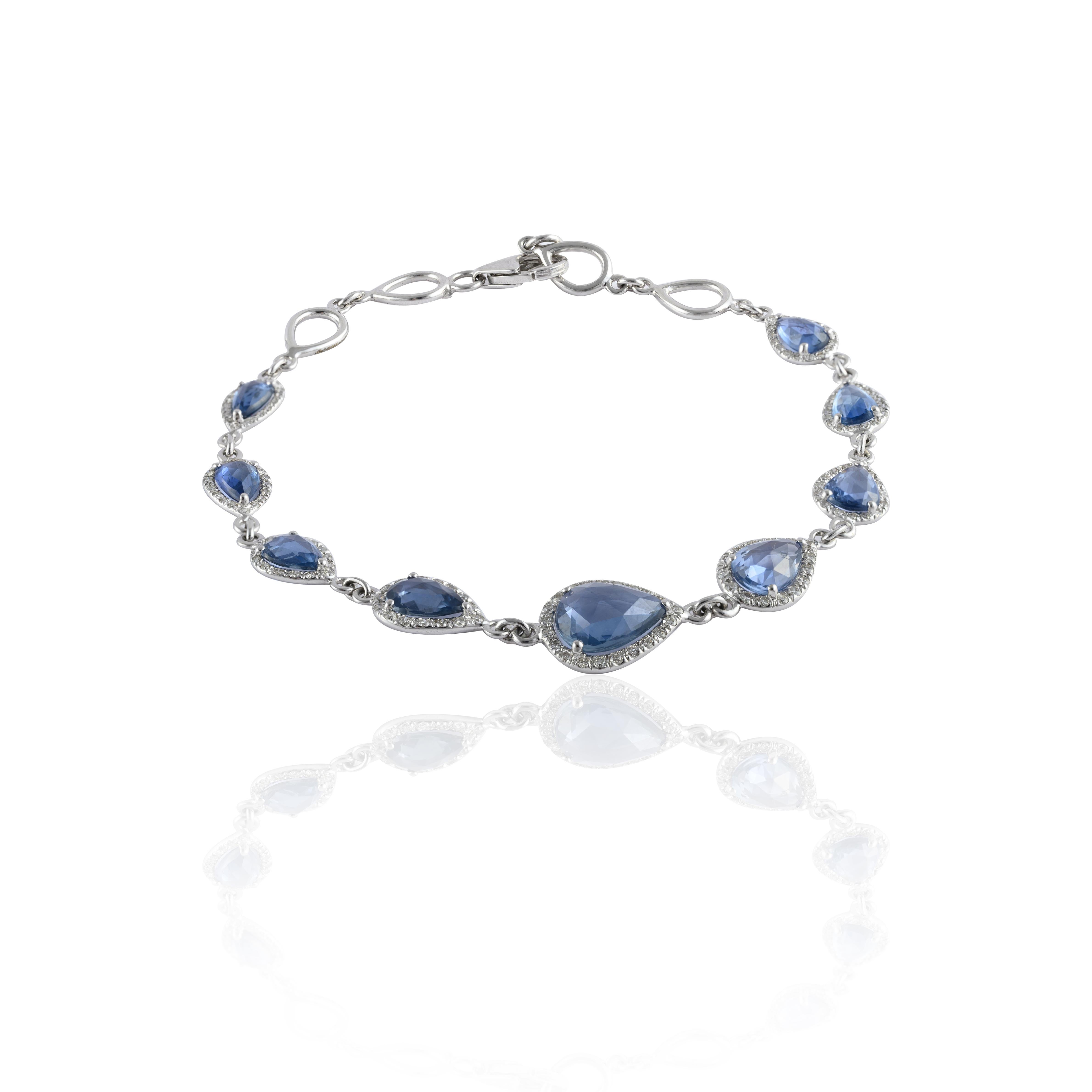 Bracciale con zaffiri taglio pera e diamanti a raggiera in oro bianco 14 carati in vendita 1