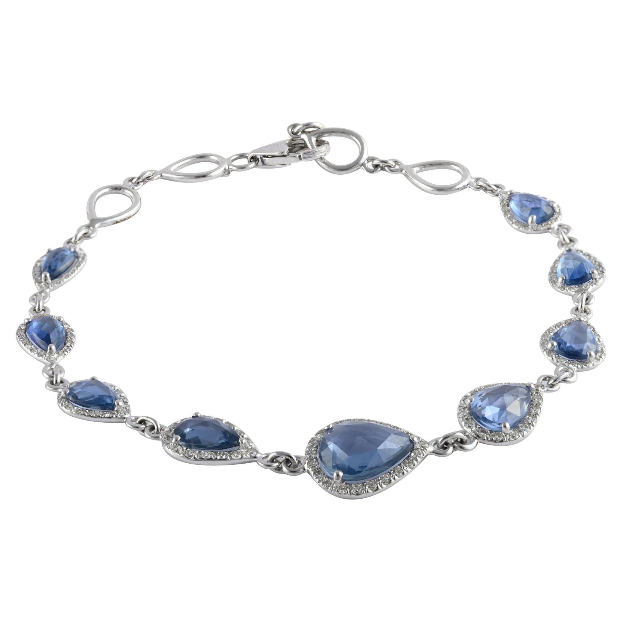 Gradient Pear Cut Sapphire and Halo Diamond Bracelet in 14k White Gold