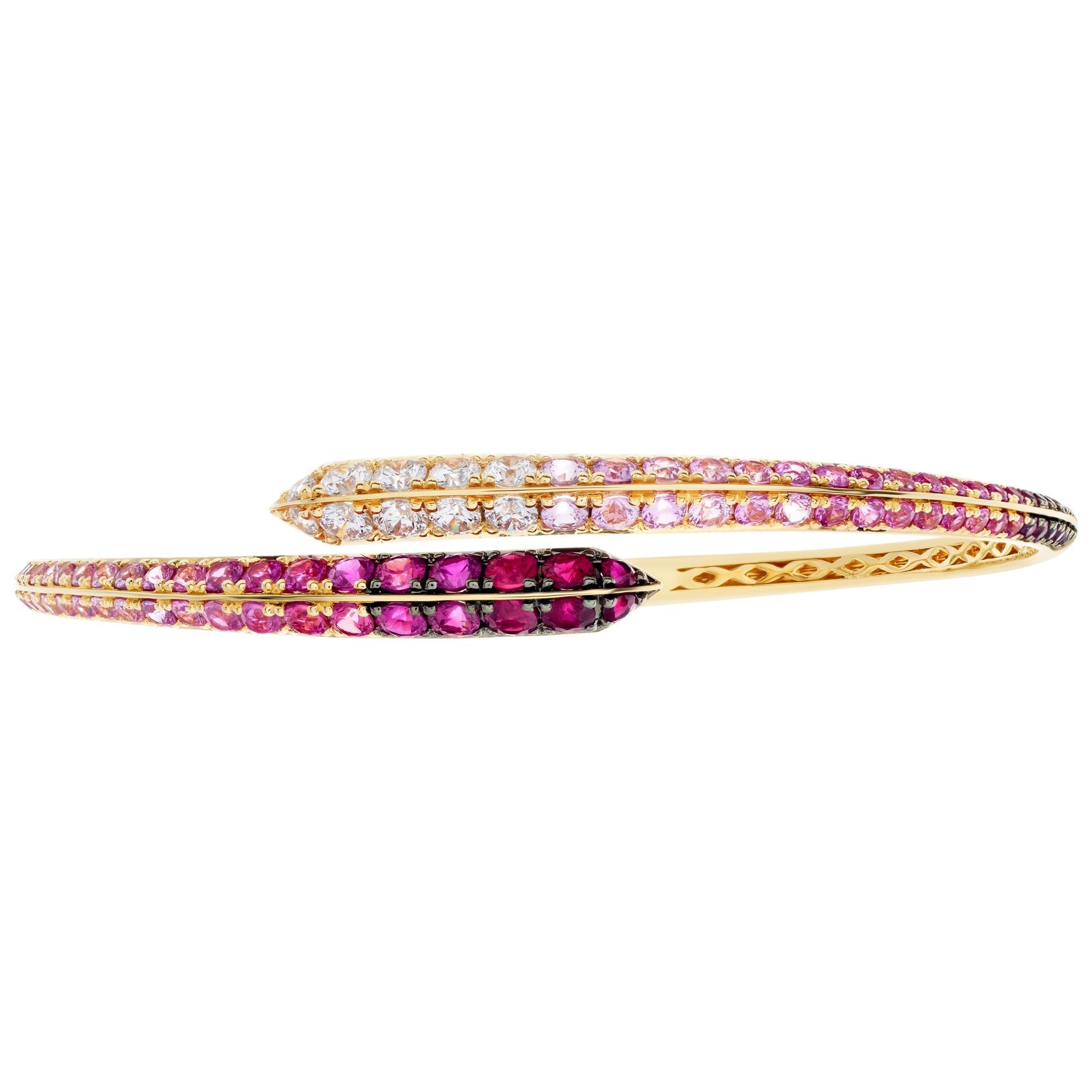 Modern Gradient Pink Sapphires, Ruby and Diamond Hinged Bangle Set in 18k Yellow Gold