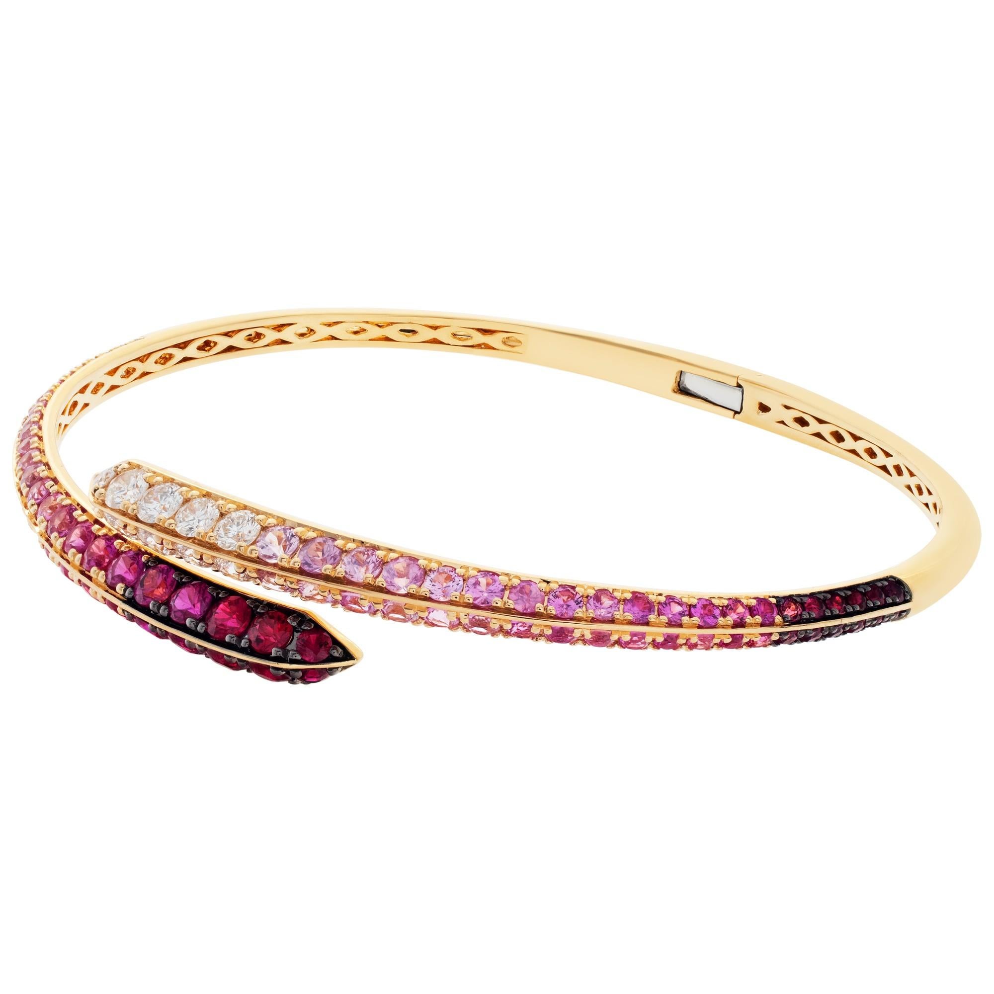 Round Cut Gradient Pink Sapphires, Ruby and Diamond Hinged Bangle Set in 18k Yellow Gold
