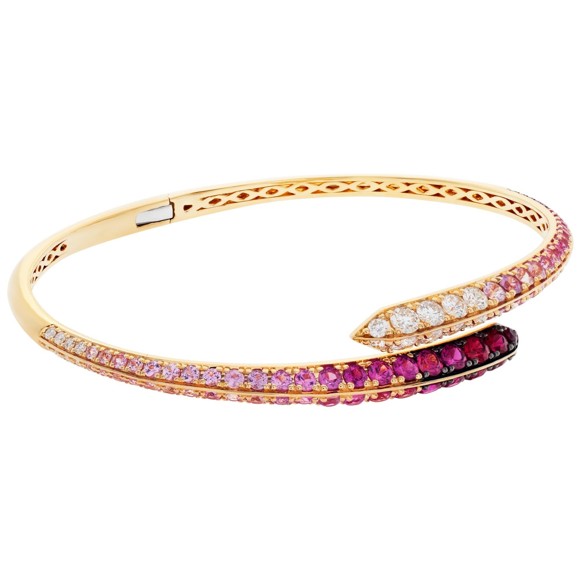 Gradient Pink Sapphires, Ruby and Diamond Hinged Bangle Set in 18k Yellow Gold In New Condition In Surfside, FL