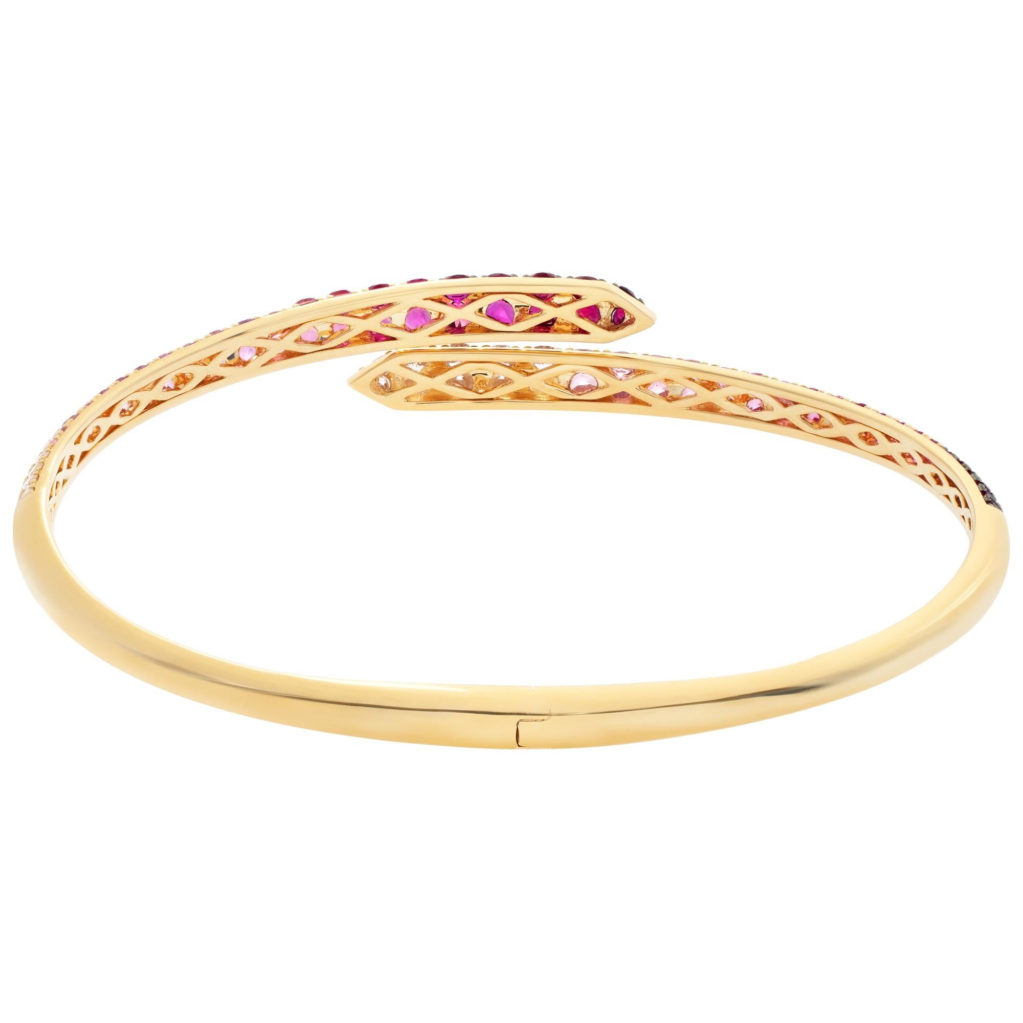 Women's or Men's Gradient Pink Sapphires, Ruby and Diamond Hinged Bangle Set in 18k Yellow Gold