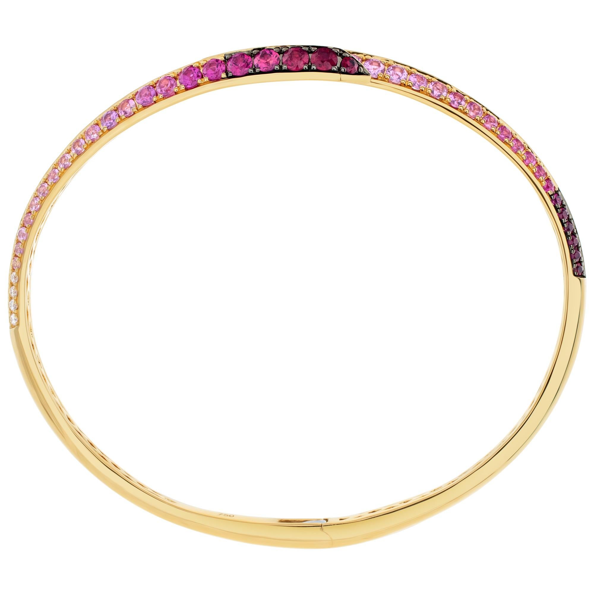 Gradient Pink Sapphires, Ruby and Diamond Hinged Bangle Set in 18k Yellow Gold 1