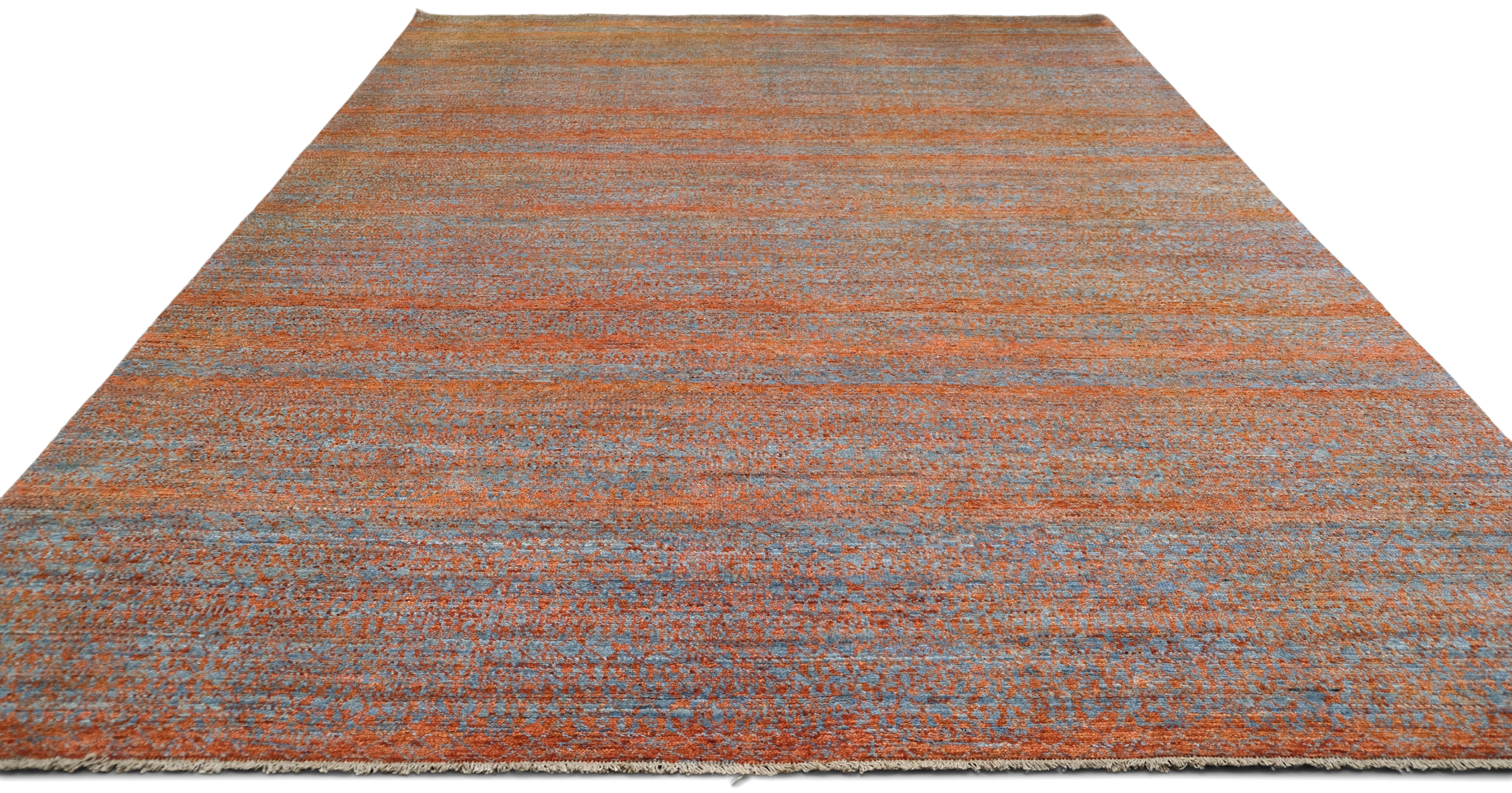 Gradient Textur mit subtilem organischem Muster Orange Blauer Wollteppich 8'9''x11'11'' (Pakistanisch) im Angebot