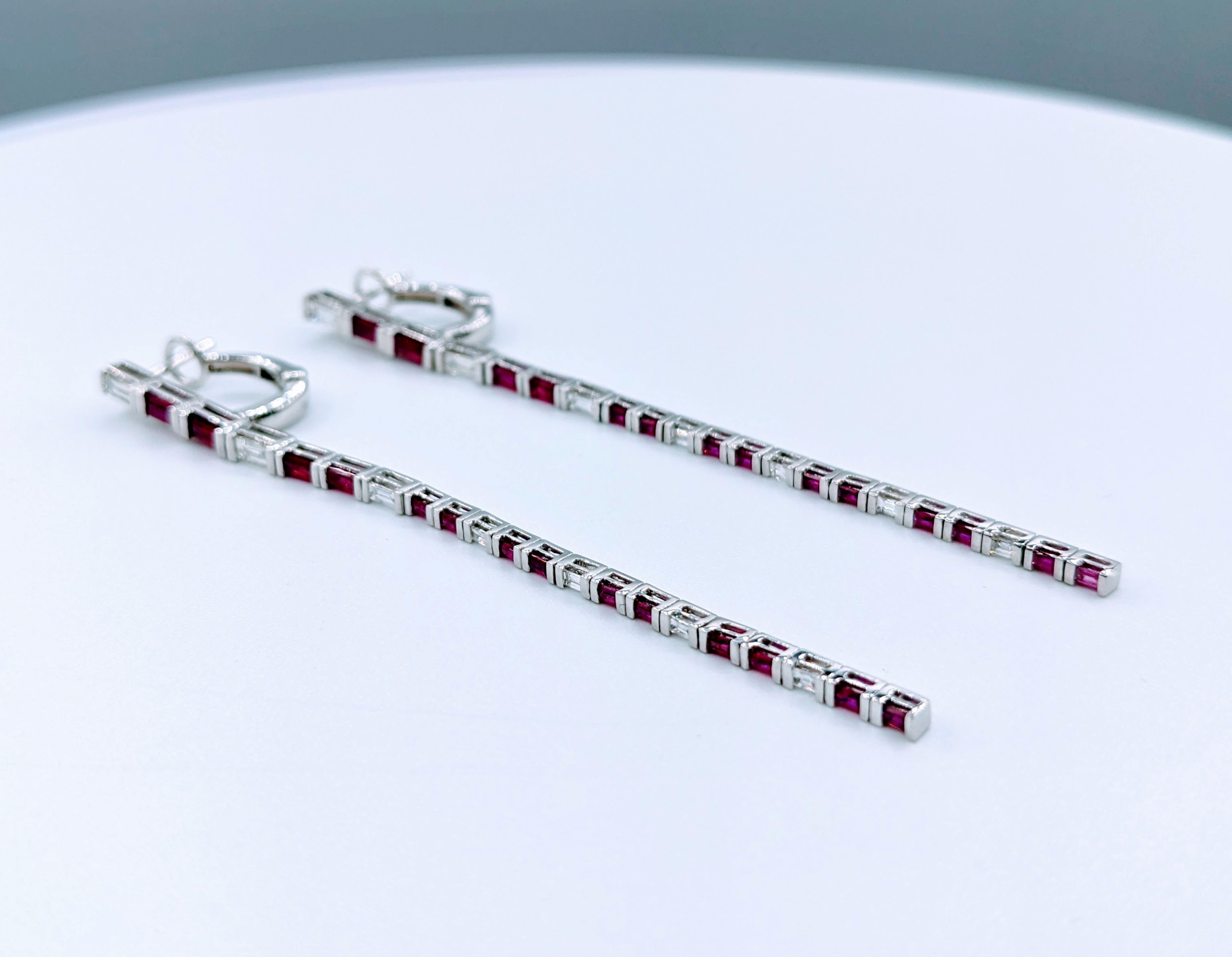 Baguette Cut Graduated 18k Ruby & Diamond Line Drop Earrings For Sale