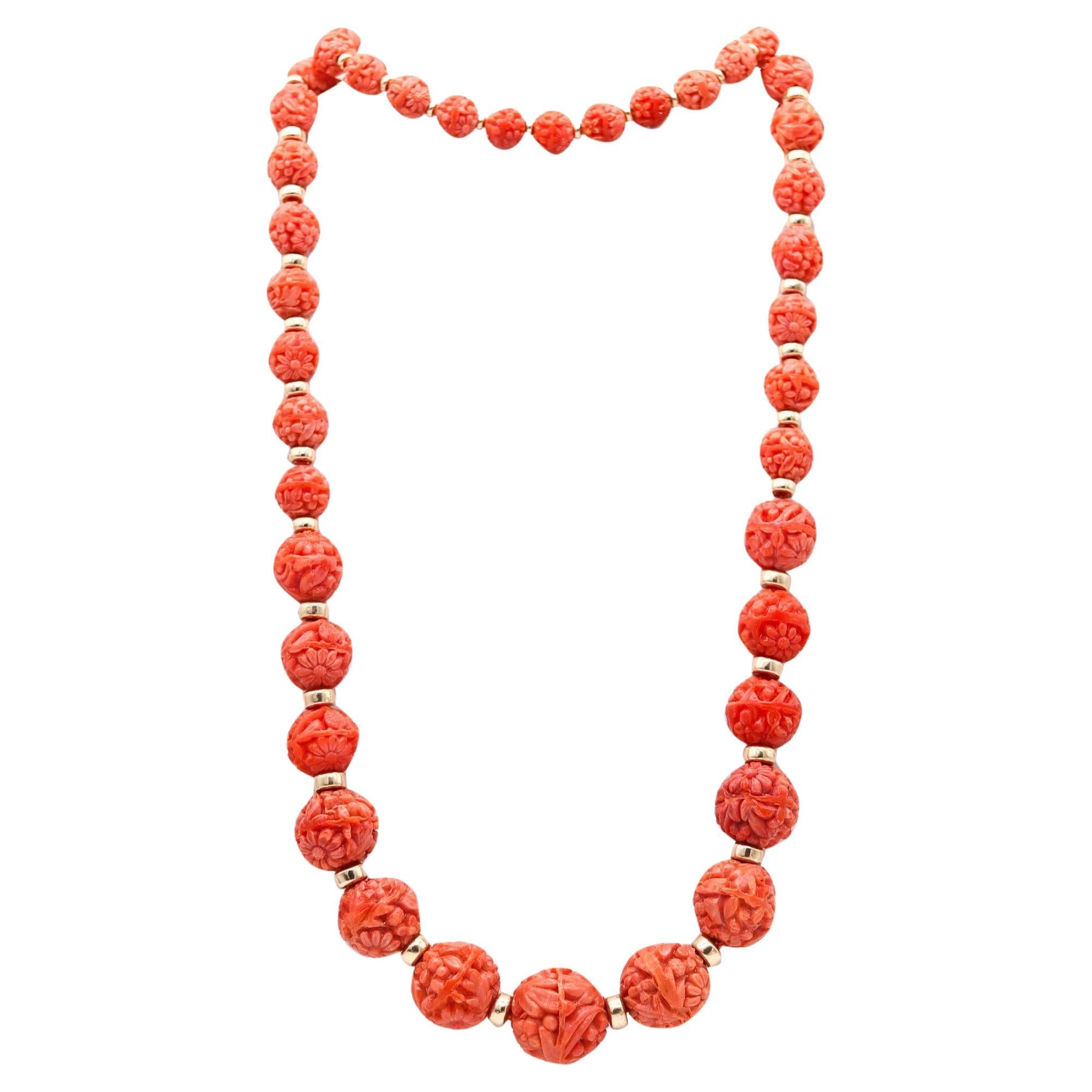 GRADUATED 1930 Art Deco Carved Coral Beads Necklace Mount In 18Kt Yellow gold