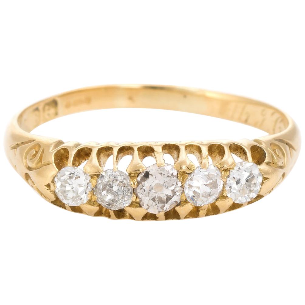 Graduated 5 Old Mine Cut Diamond Ring Antique Edwardian circa 1907 18 Karat Gold