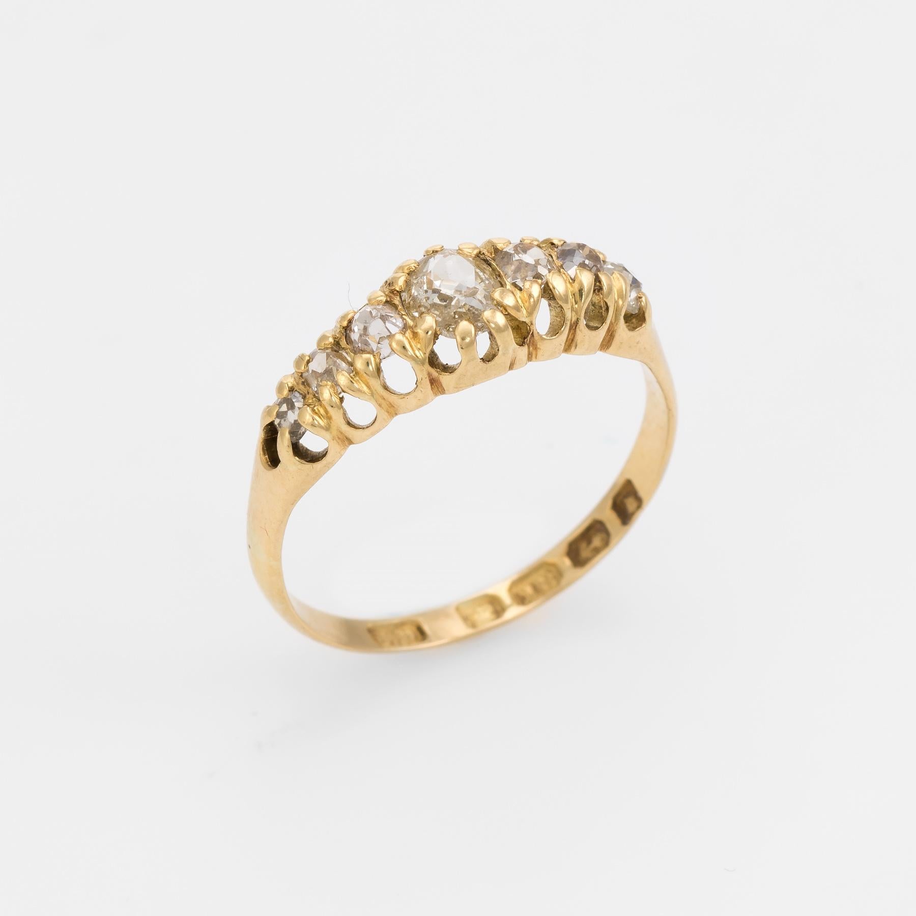 Finely detailed antique Victorian era ring set with 7 graduated old mine cut diamonds (circa 1878), crafted in 18 karat yellow gold. 

The diamonds graduate in size from the center (estimated at 0.50 carats) to the sides graduating from 0.15 to 0.08