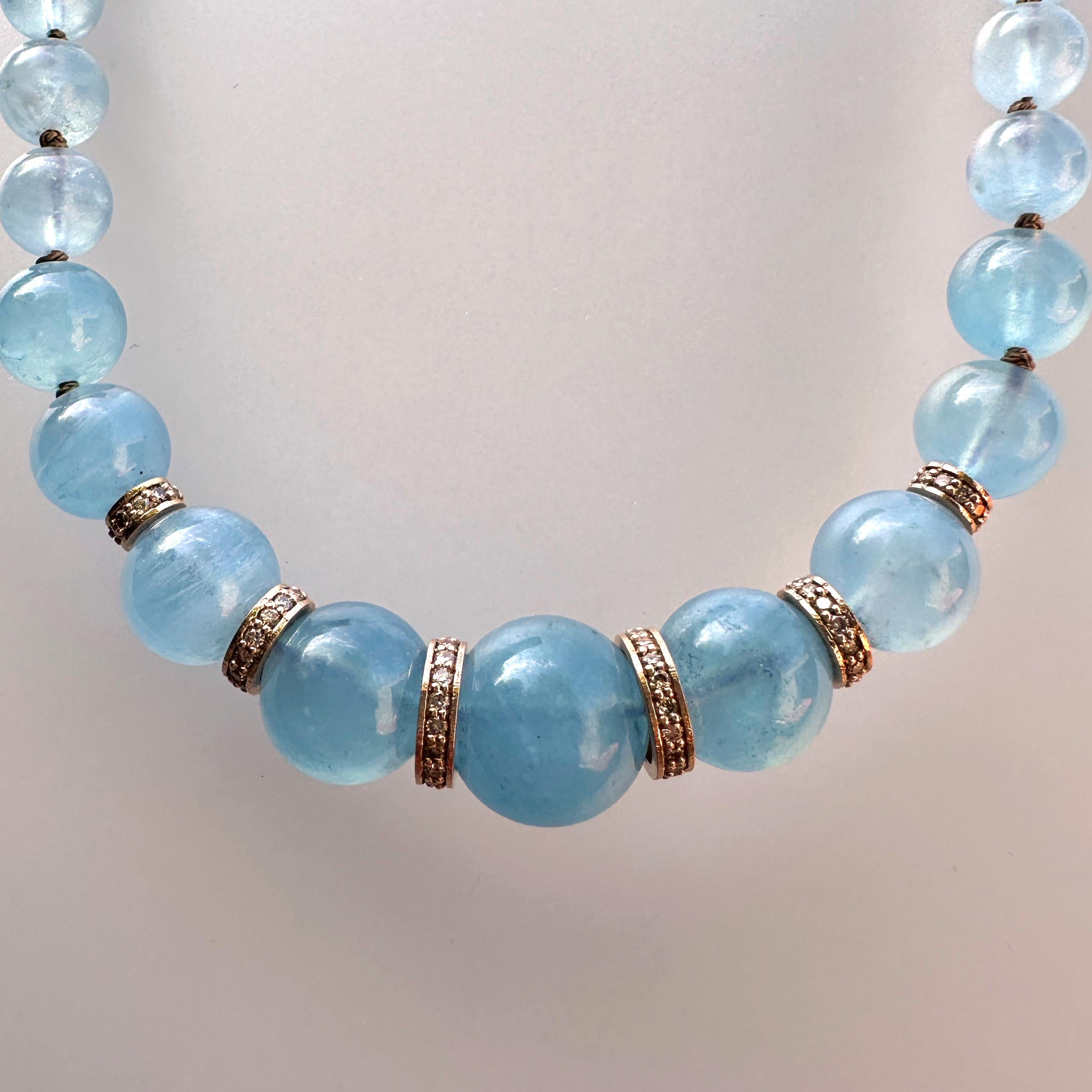 Graduated Aquamarine Choker with Natural Brown Diamond Rondelles in Rose Gold For Sale 5