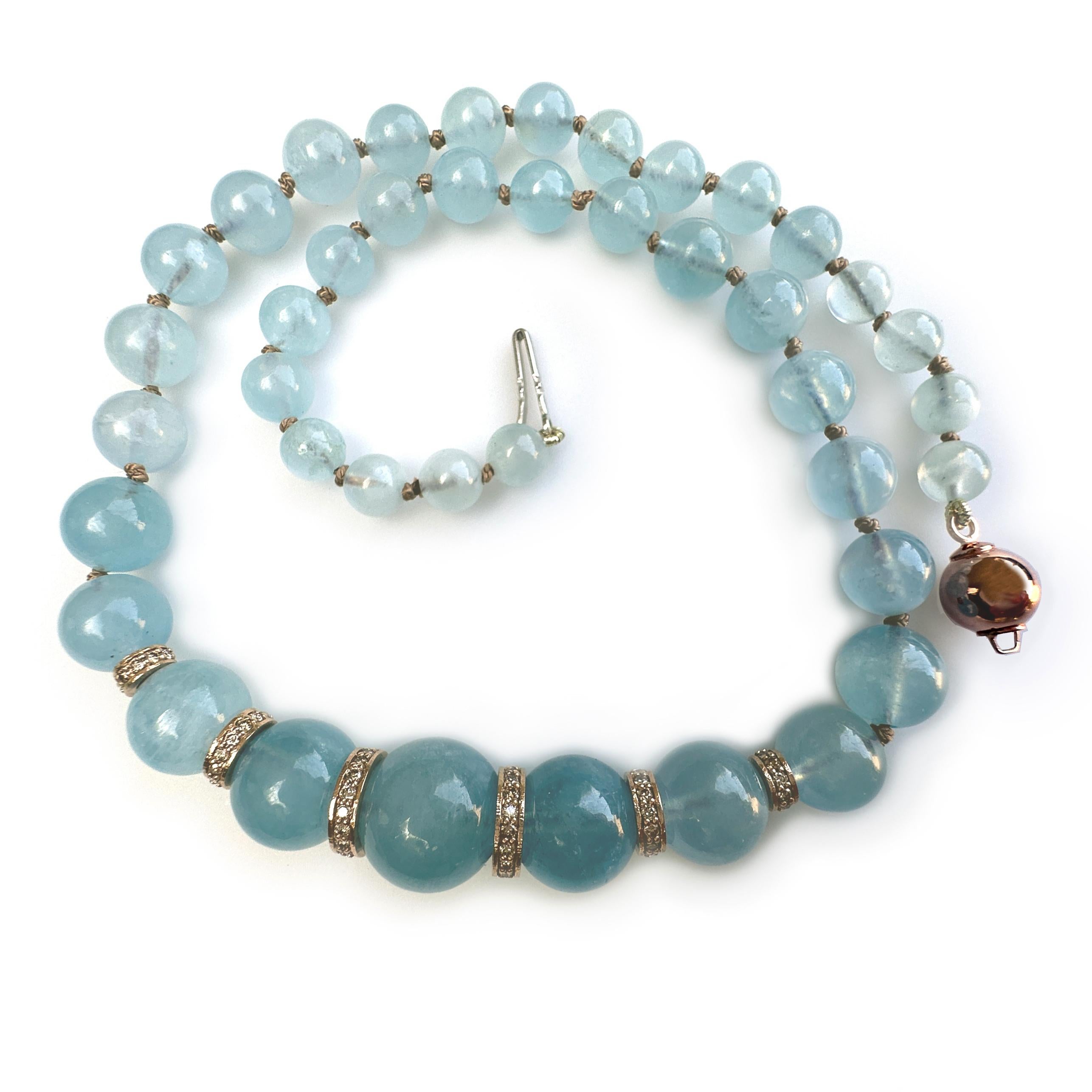 Graduated Aquamarine Choker with Natural Brown Diamond Rondelles in Rose Gold For Sale 1