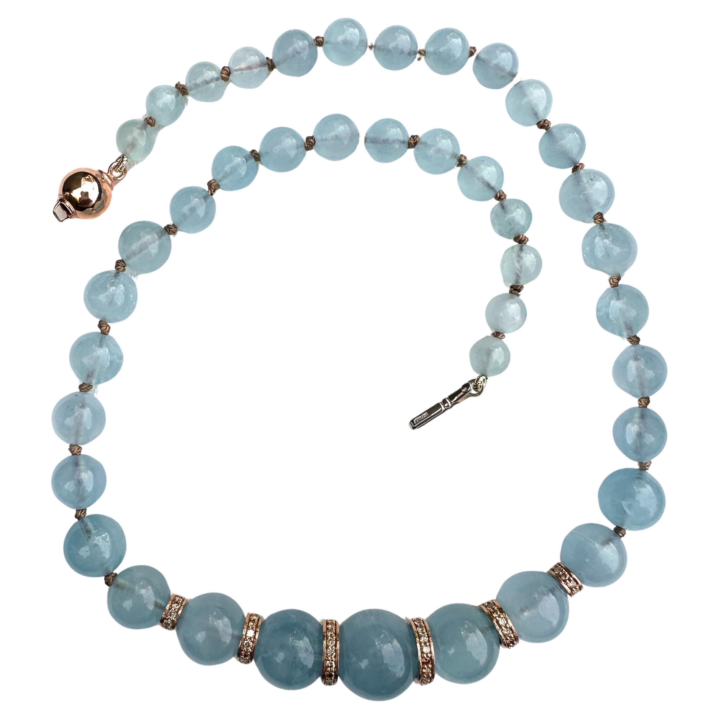 Graduated Aquamarine Choker with Natural Brown Diamond Rondelles in Rose Gold For Sale