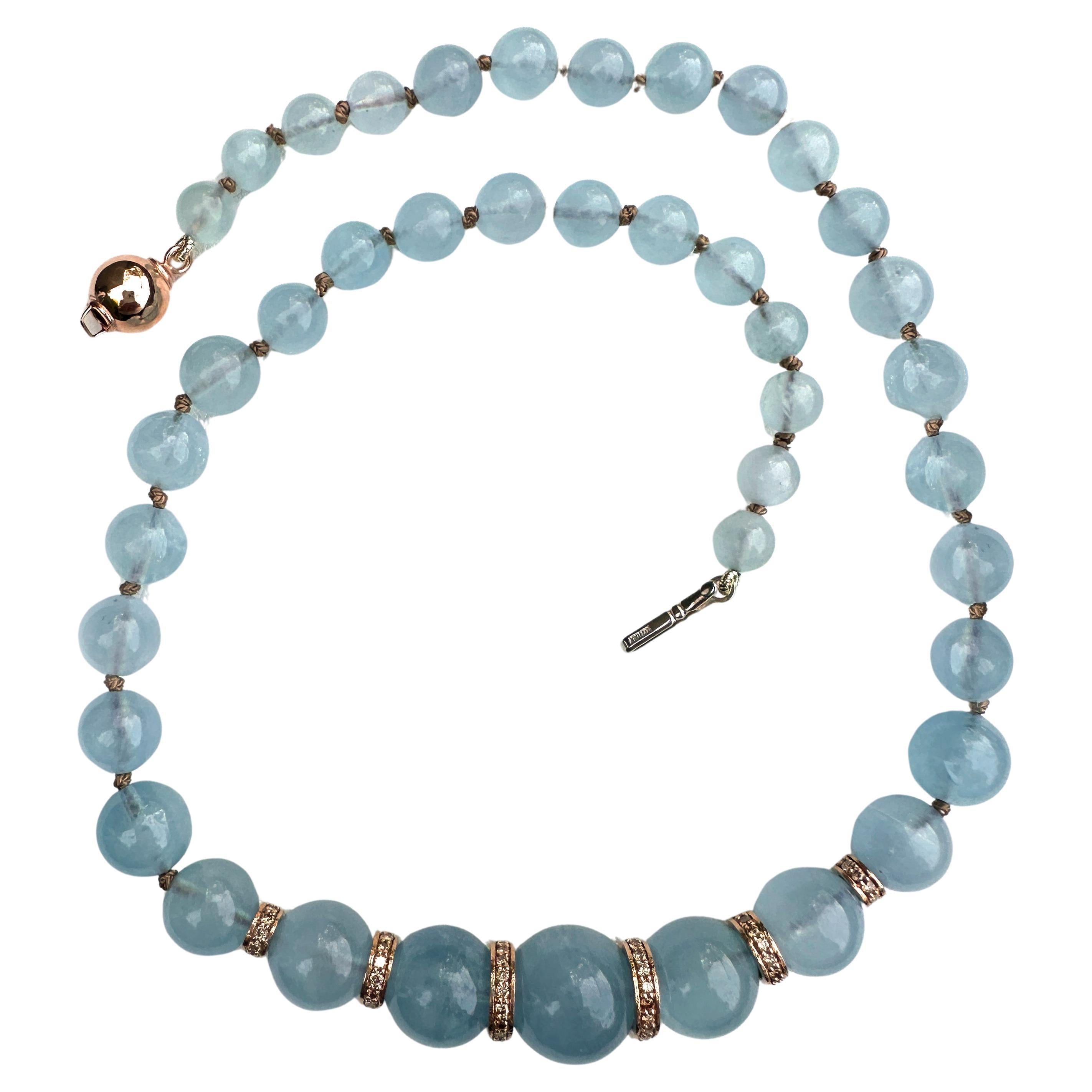 Gargantilla Graduada de Aguamarina con Rondelas de Diamante Marrón Natural en Oro Rosa