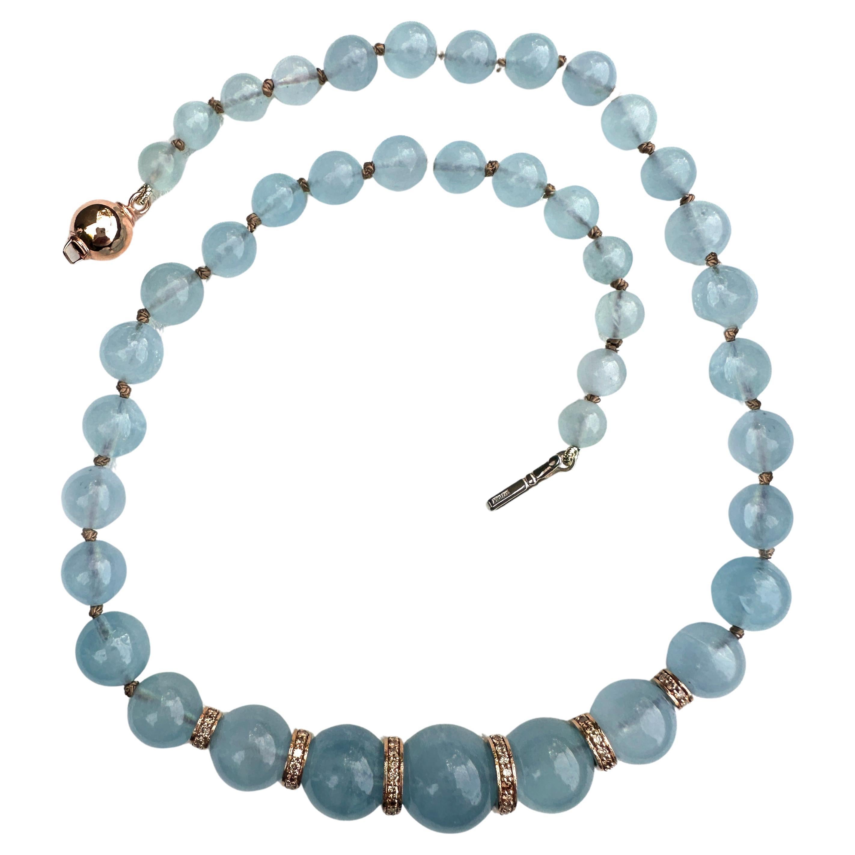 Graduated Aquamarine Choker with Natural Brown Diamond Rondelles in Rose Gold