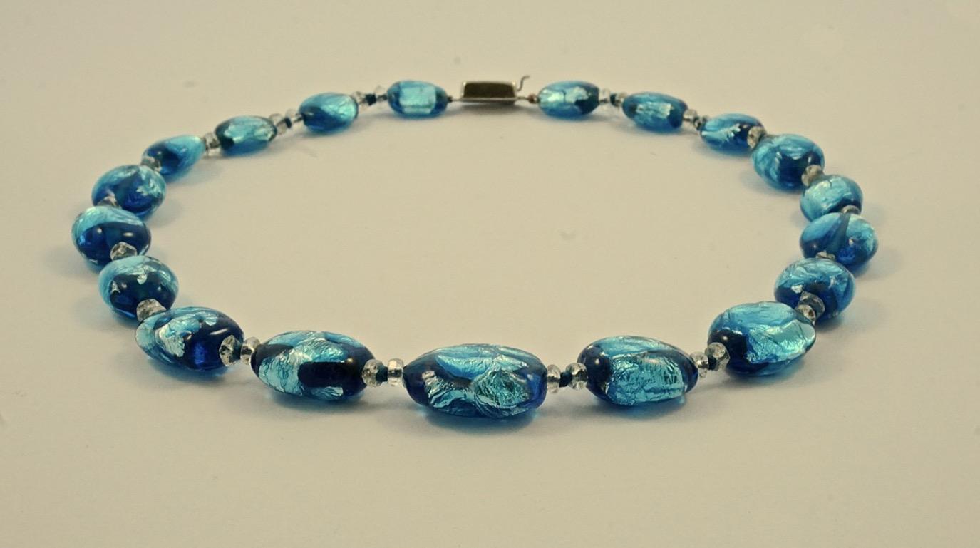 Women's or Men's Graduated Blue Foil Glass Bead Necklace with a Silver Clasp For Sale