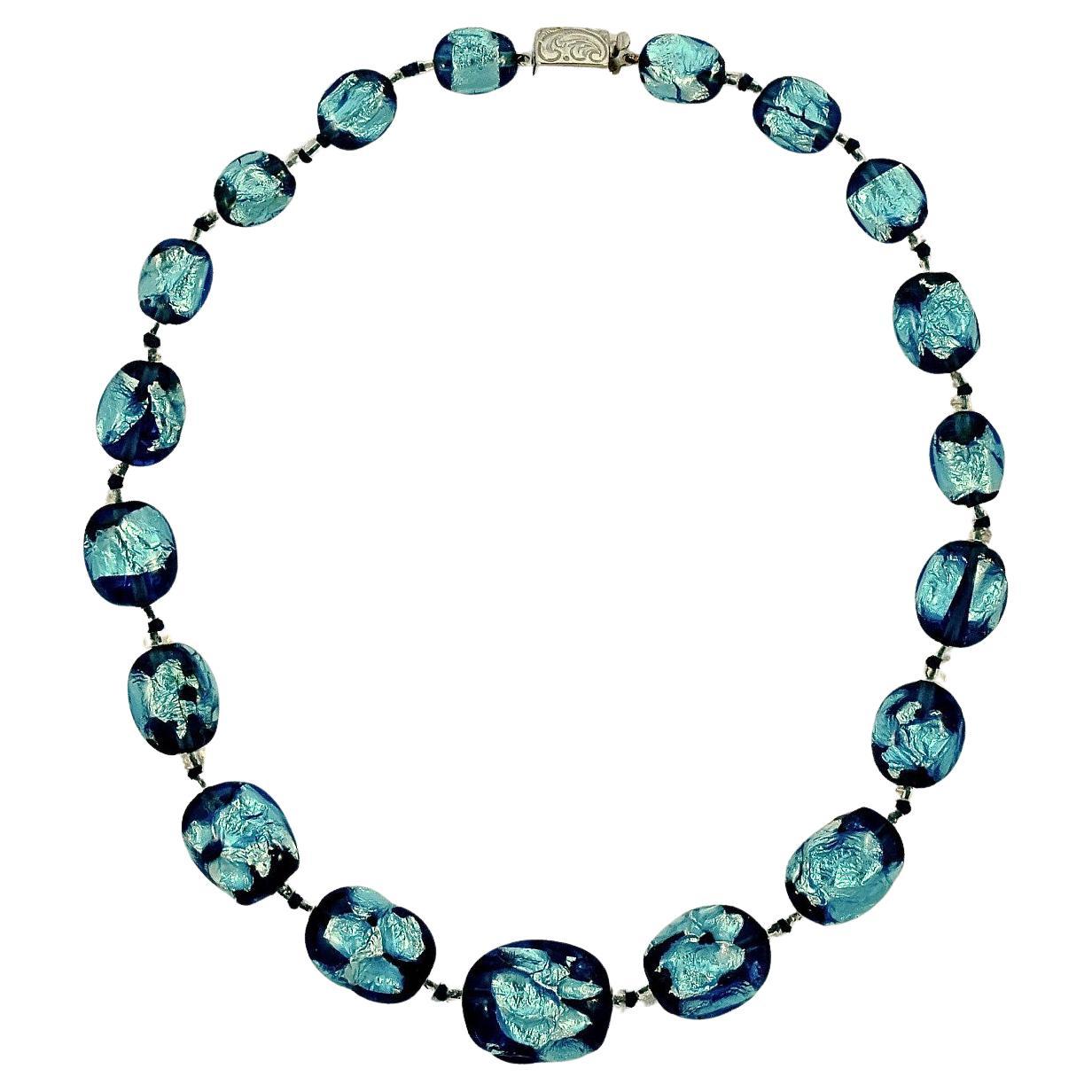 Graduated Blue Foil Glass Bead Necklace with a Silver Clasp For Sale