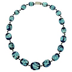 Retro Graduated Blue Foil Glass Bead Necklace with a Silver Clasp
