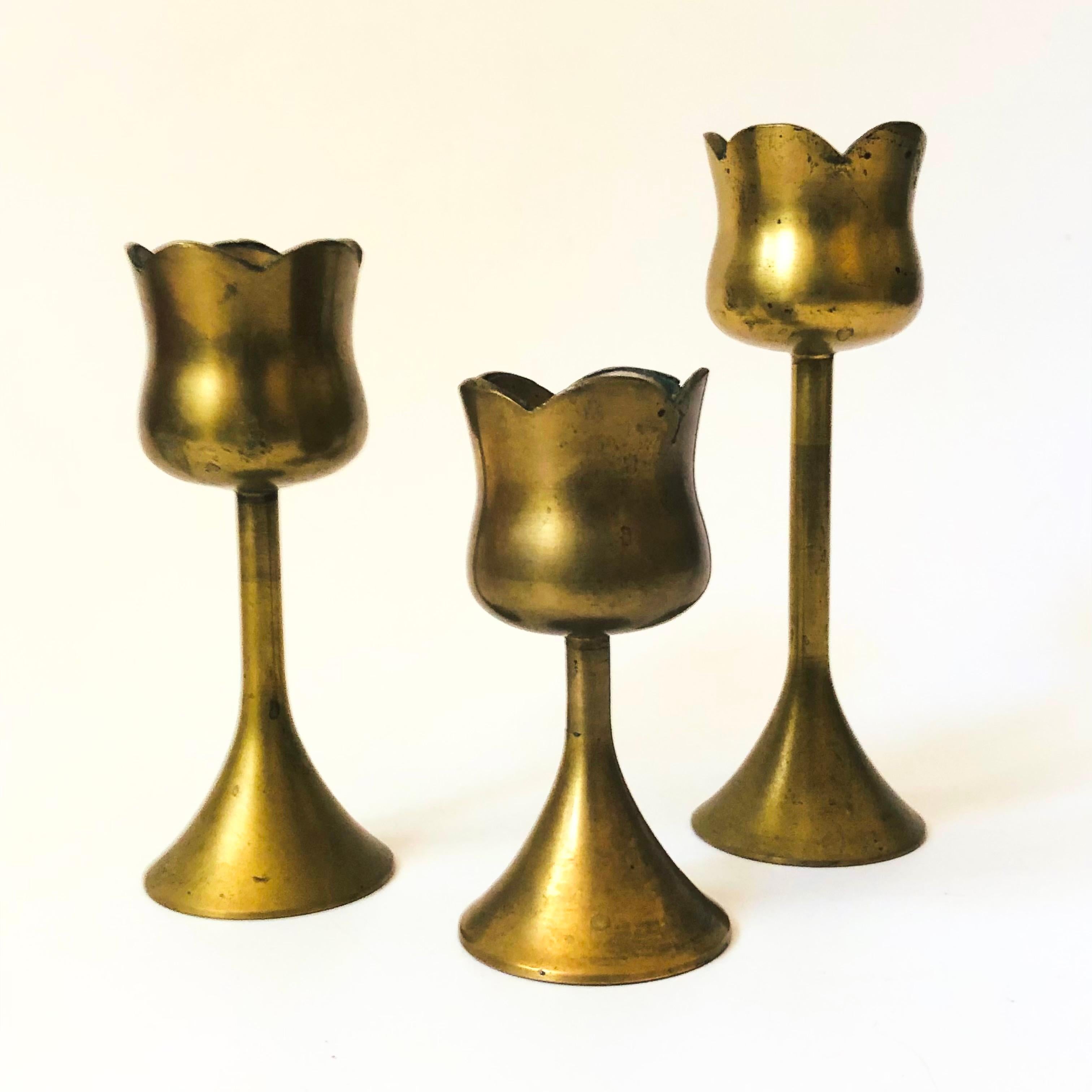 Hollywood Regency Graduated Brass Tulip Candlestick Holders - Set of 3