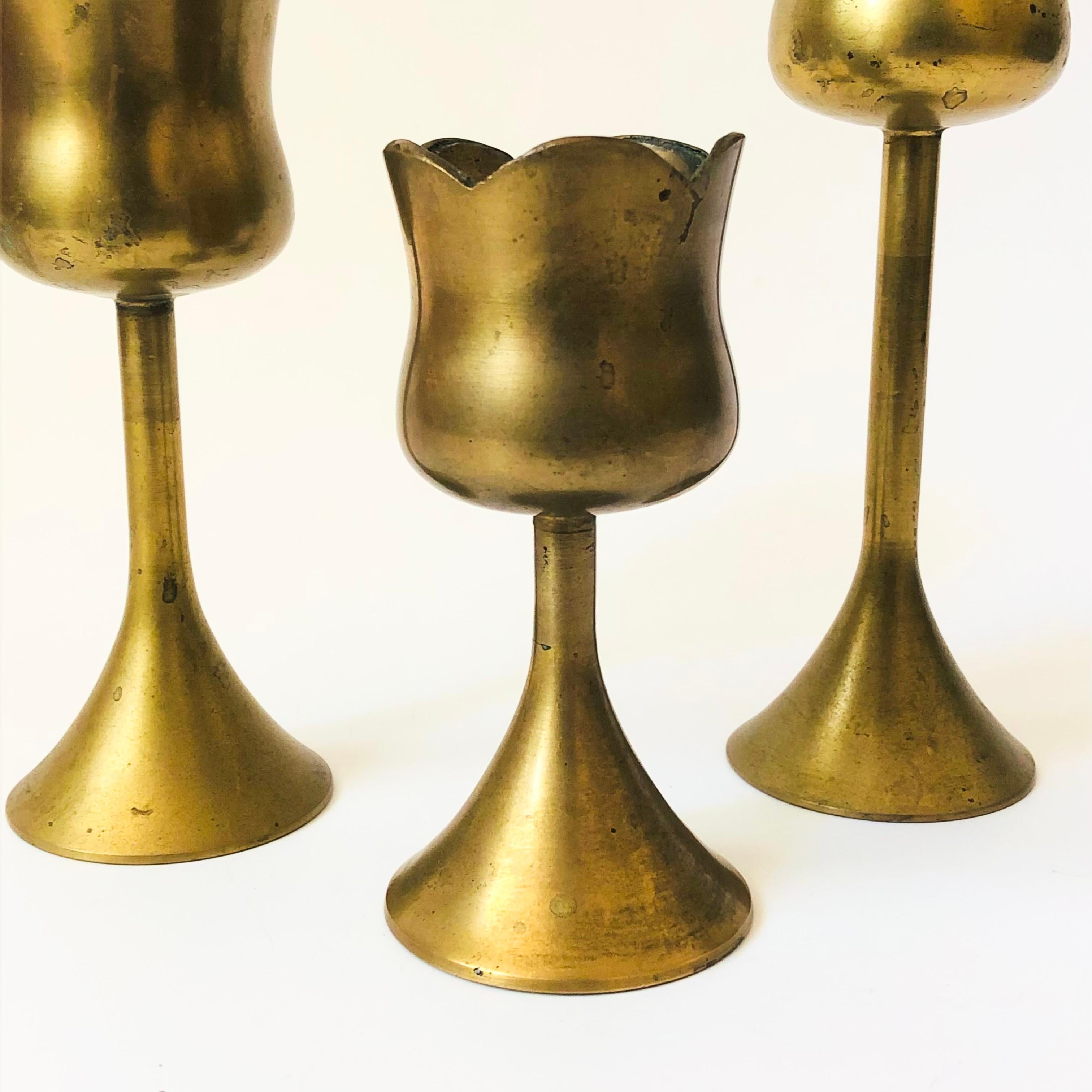 20th Century Graduated Brass Tulip Candlestick Holders - Set of 3