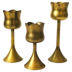 Graduated Brass Tulip Candlestick Holders - Set of 3