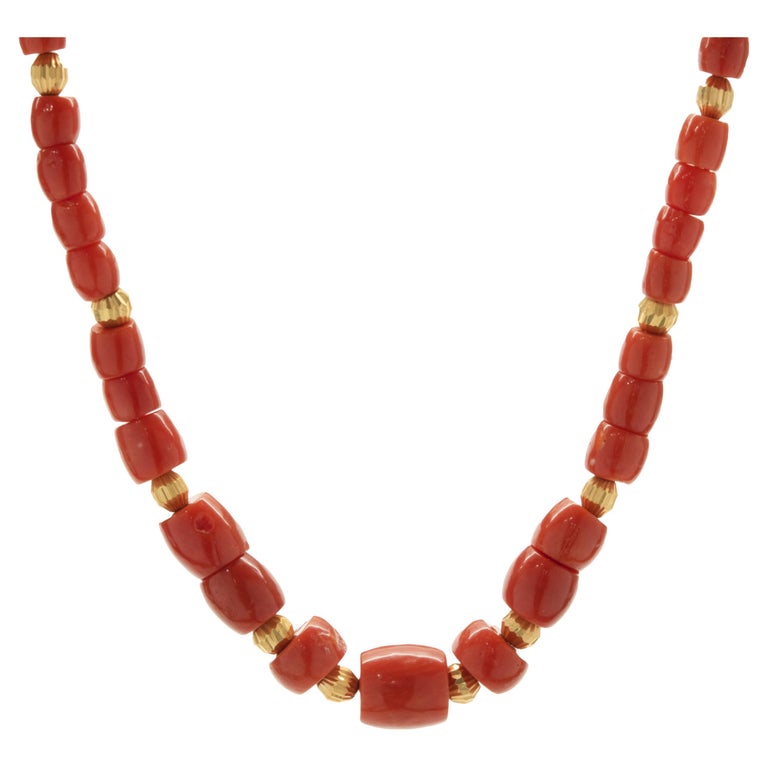 Collier En Or 18 Carats Avec Corail Rouge - Bijou Occasion, Métal Or Jaune, Pierre Dominante Corail