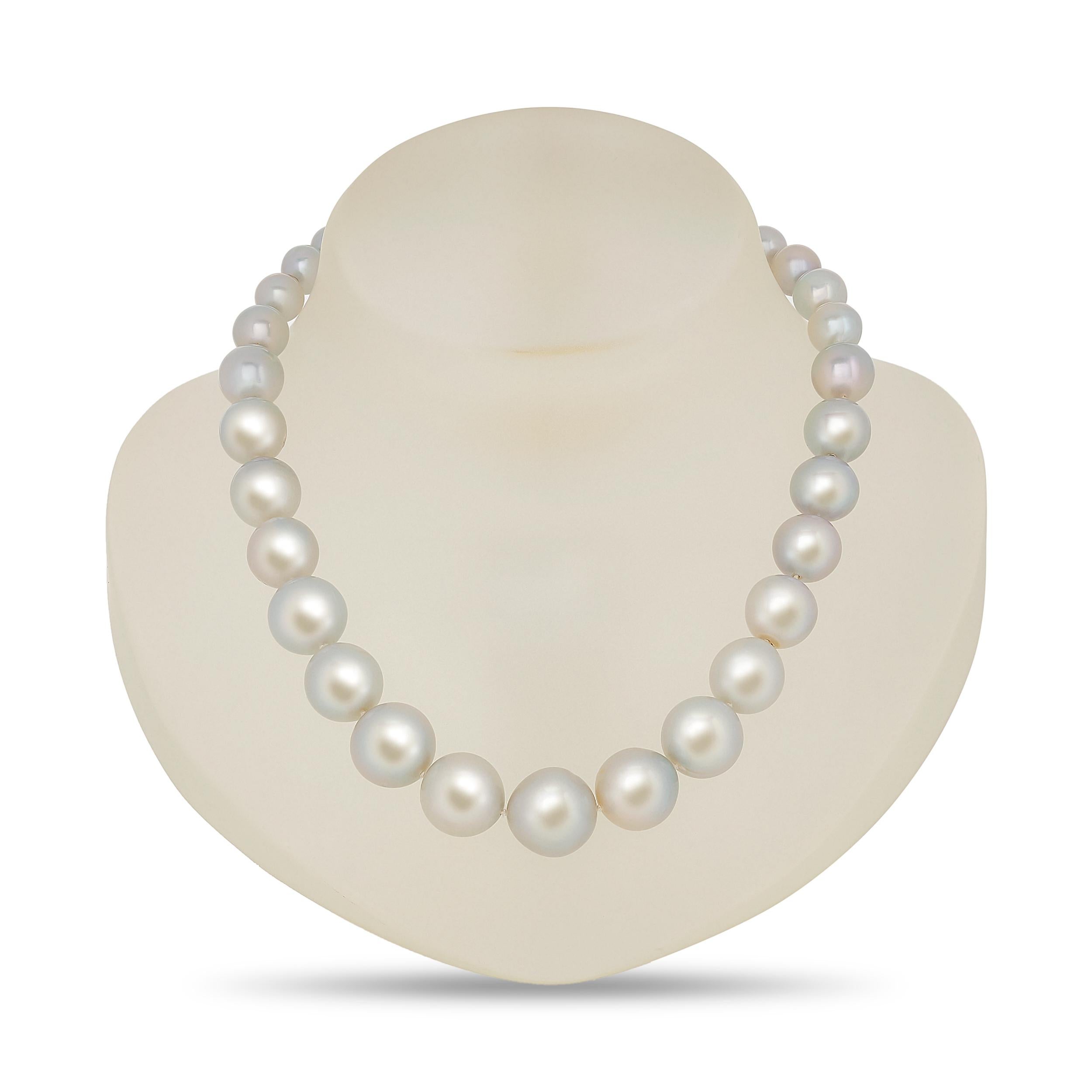 This elegant cultured South Sea pearl necklace showcases graduated pearls, ranging from smaller at the ends to larger towards the center, secured by a sophisticated 18K white gold and diamond pavé ball clasp.

There are 31 pearls that range from