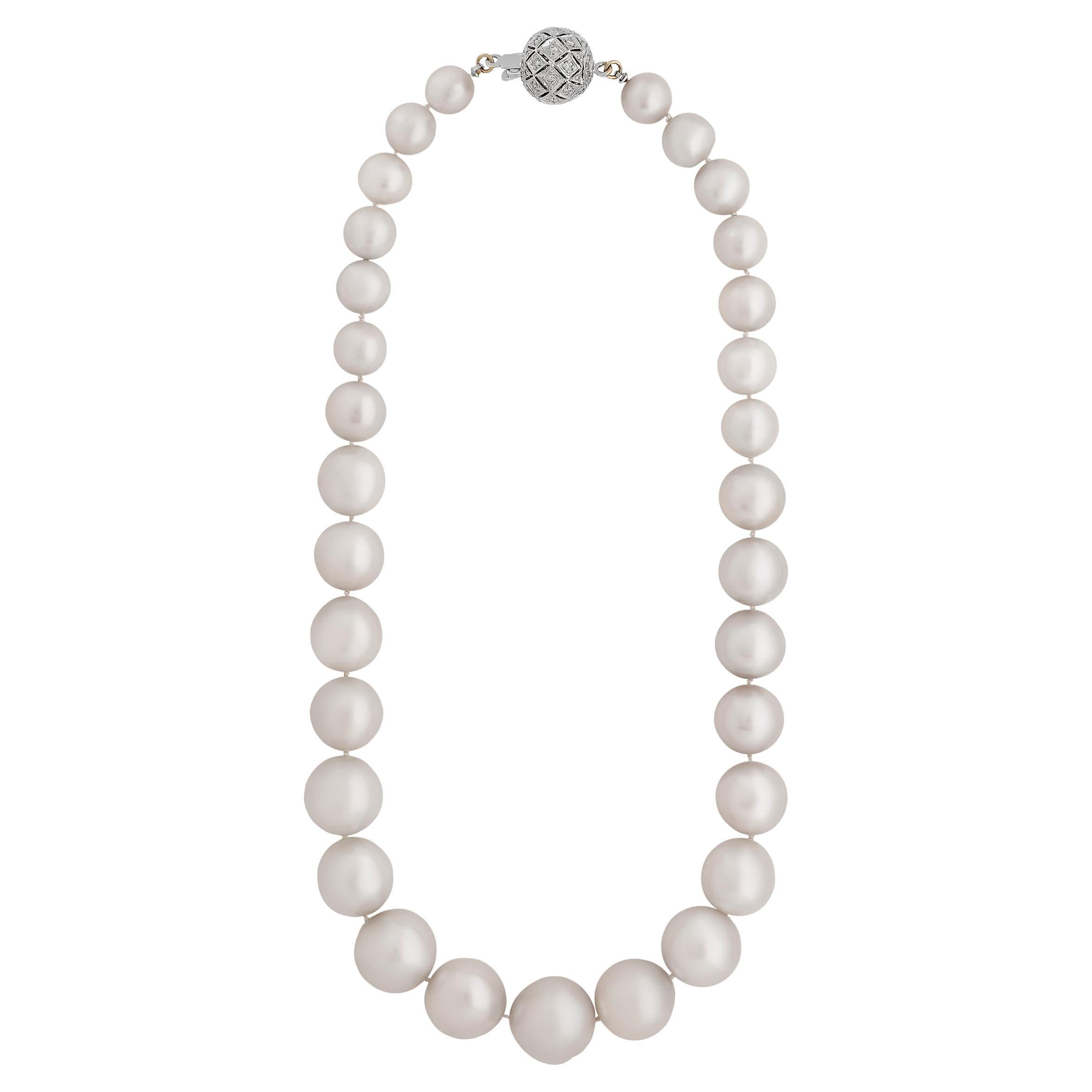 Graduated Cultured South Sea Pearl Necklace with an 18KWG Diamond Ball Clasp For Sale