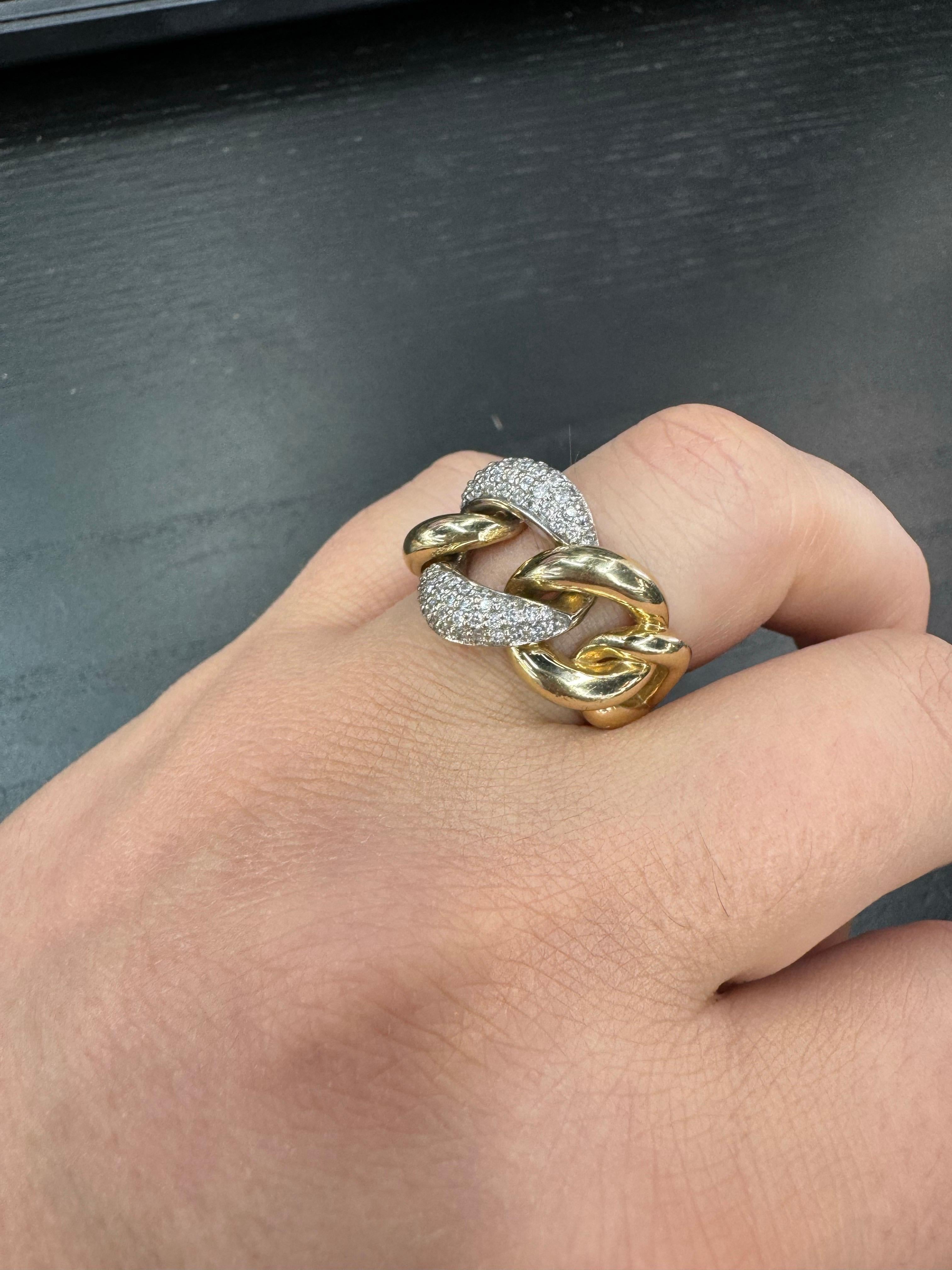 Women's Graduated Diamond Cuban Link Ring 0.52 Carats 14 Karat Yellow Gold G VS1-VS2 For Sale