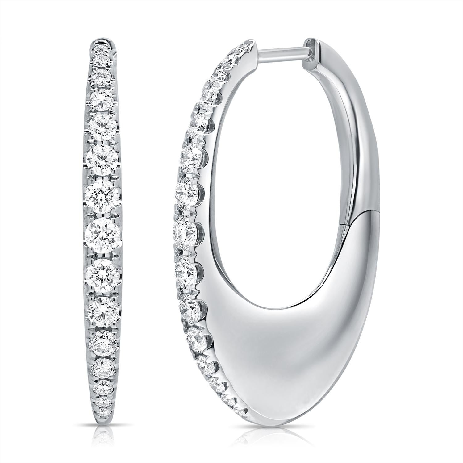 Graduated Diamond Oval Shape Hoop Earrings 1.08 Carats 14 Karat Yellow Gold For Sale 4