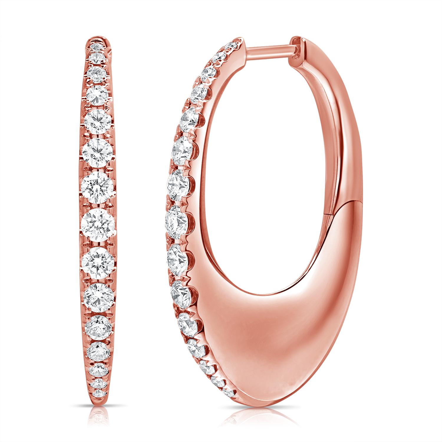 Graduated Diamond Oval Shape Hoop Earrings 1.08 Carats 14 Karat Yellow Gold For Sale 5